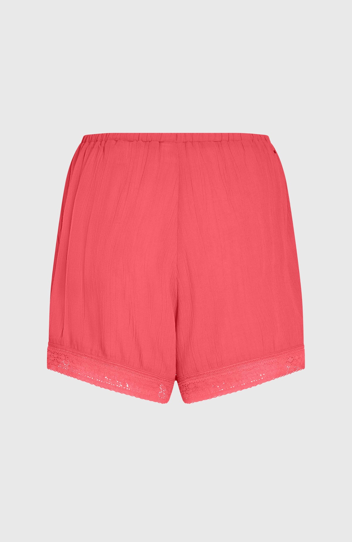 Essentials Shorts mit Stickerei für Damen, pink, flach liegend von hinten, elastischer Bund und Spitzenabschluss