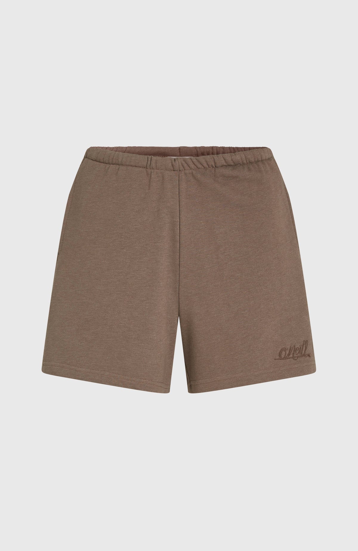 Essentials O'Neill Script Sweatshorts, braun, flach liegend von vorne mit Logo-Stickerei am Saum