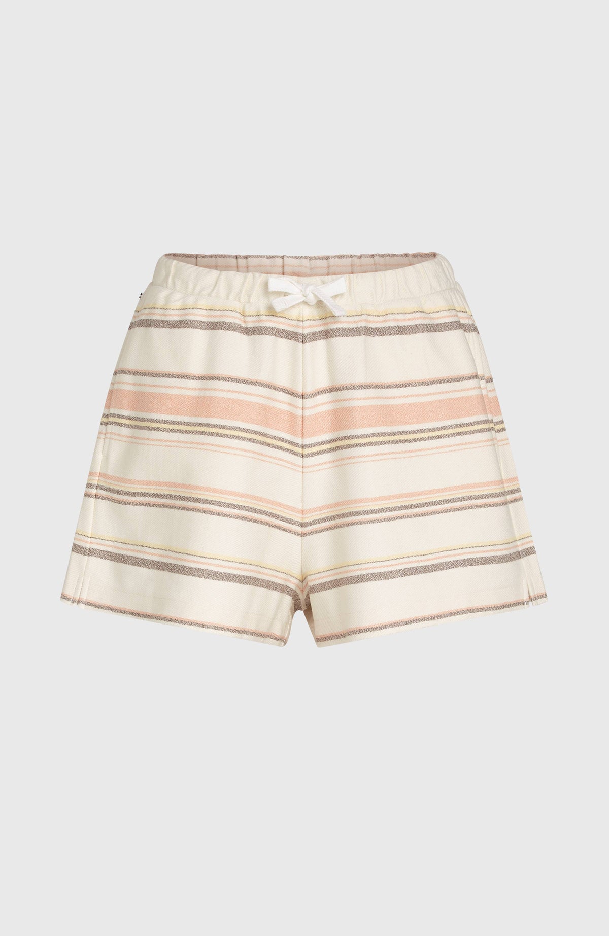Weiße Bavaro Shorts für Damen mit Streifenmuster in Rosa und Braun, flach liegend von vorne mit Kordelzug am Bund