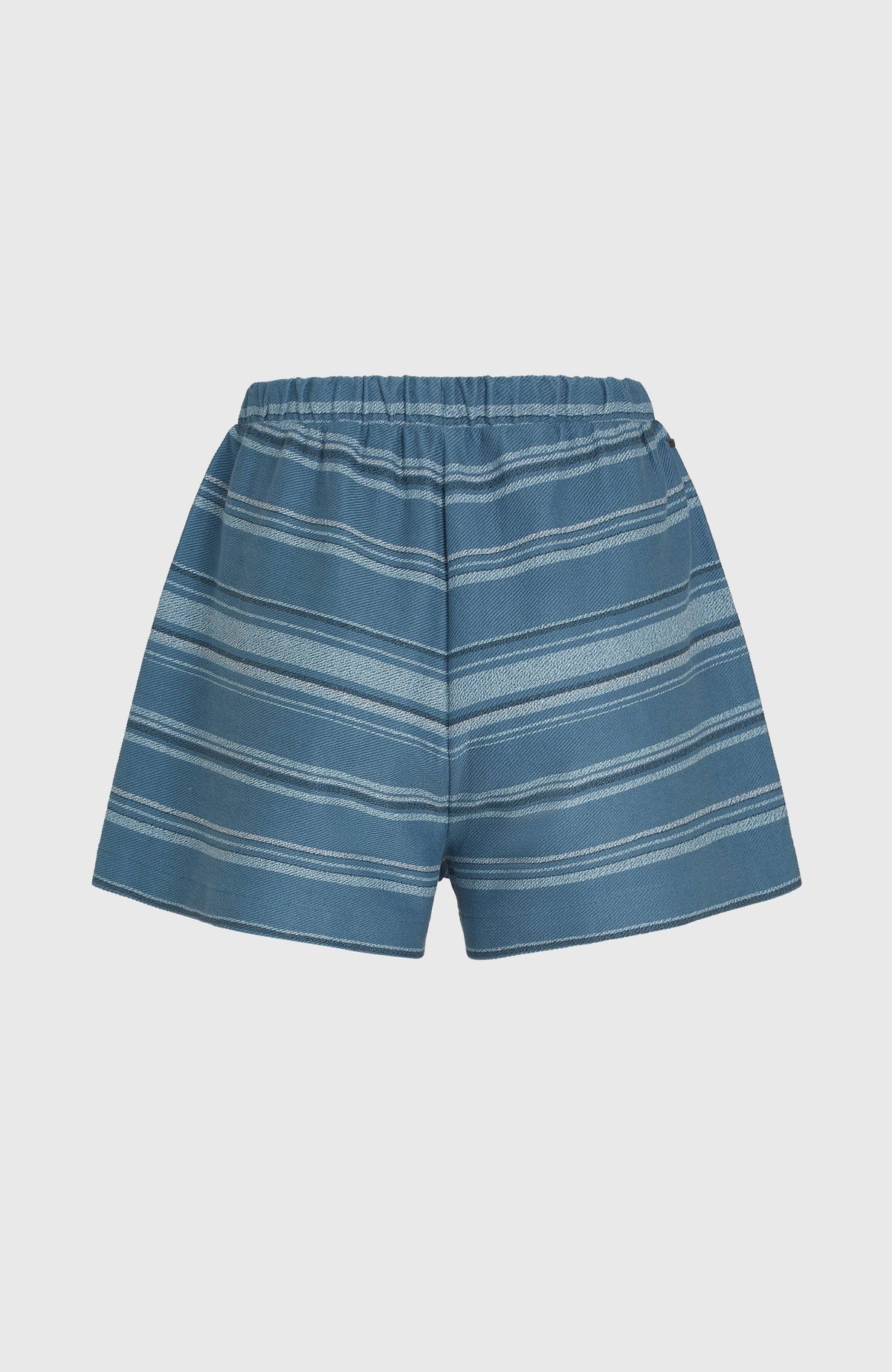 Bavaro Shorts für Damen, blau mit Streifenmuster in Hellblau, flach liegend von hinten, elastischer Bund