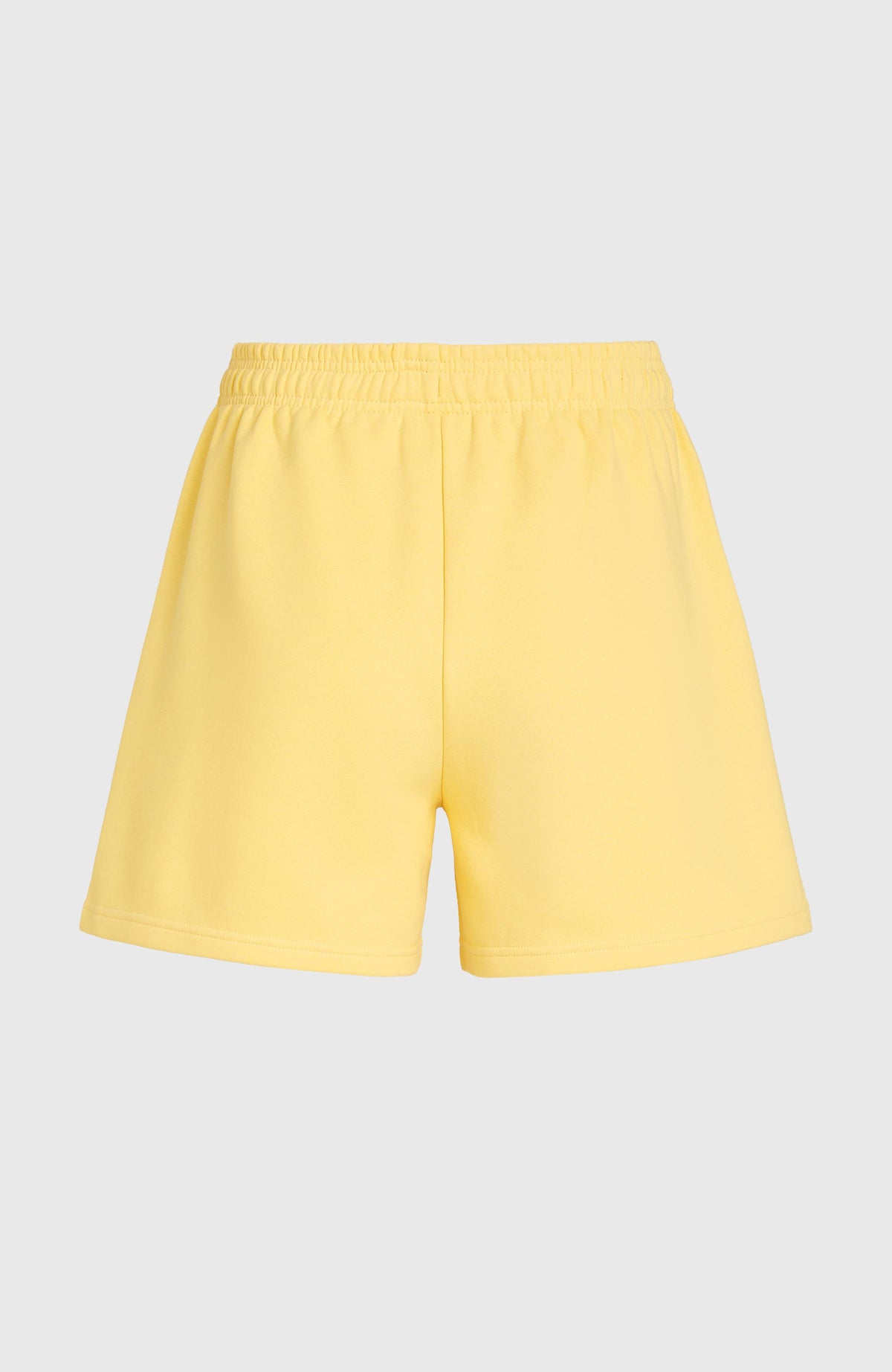 Future Surf Society Shorts für Damen, gelb, flach liegend von hinten mit elastischem Bund und Mittelnaht
