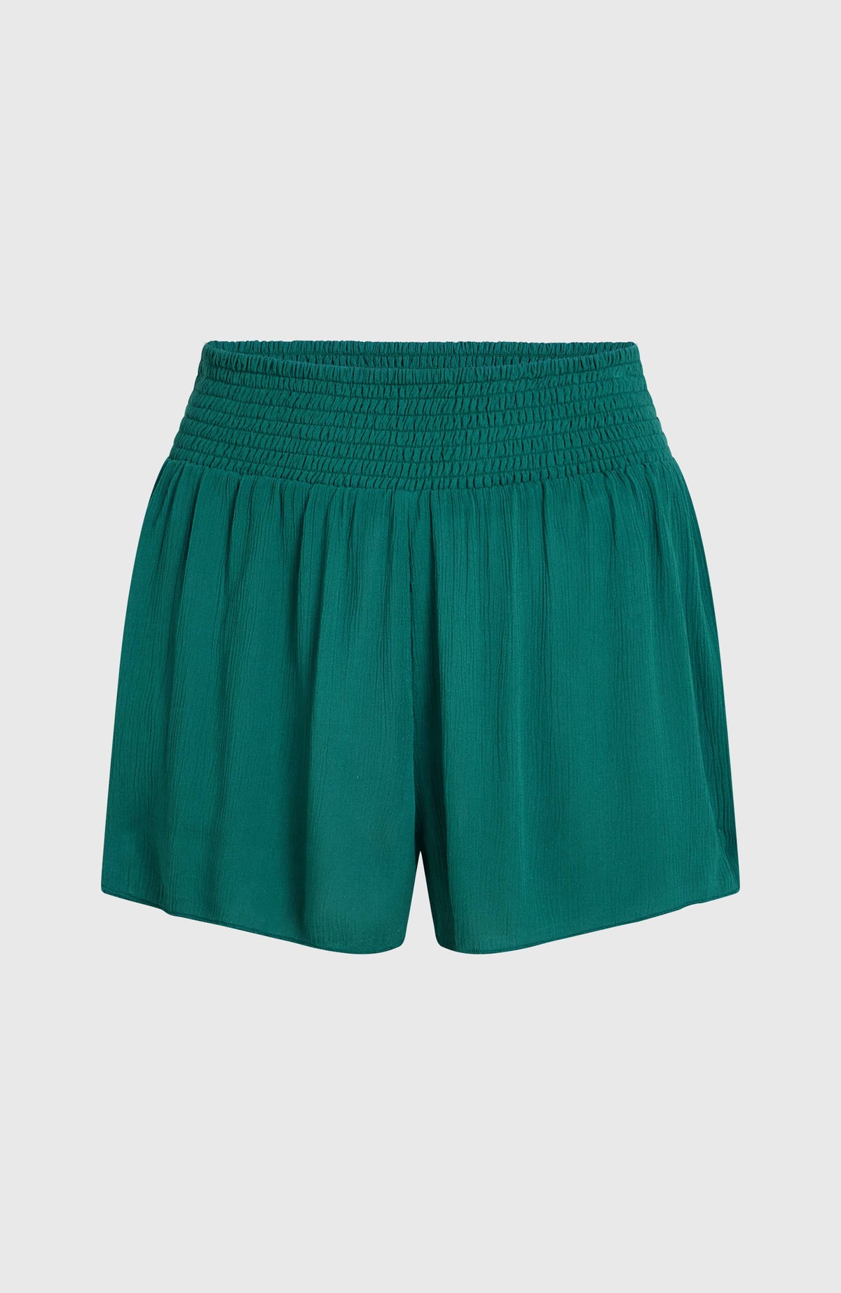 Johnny Smocked Waist Shorts für Damen, grün, freigestellt von vorne mit elastischem gesmoktem Bund