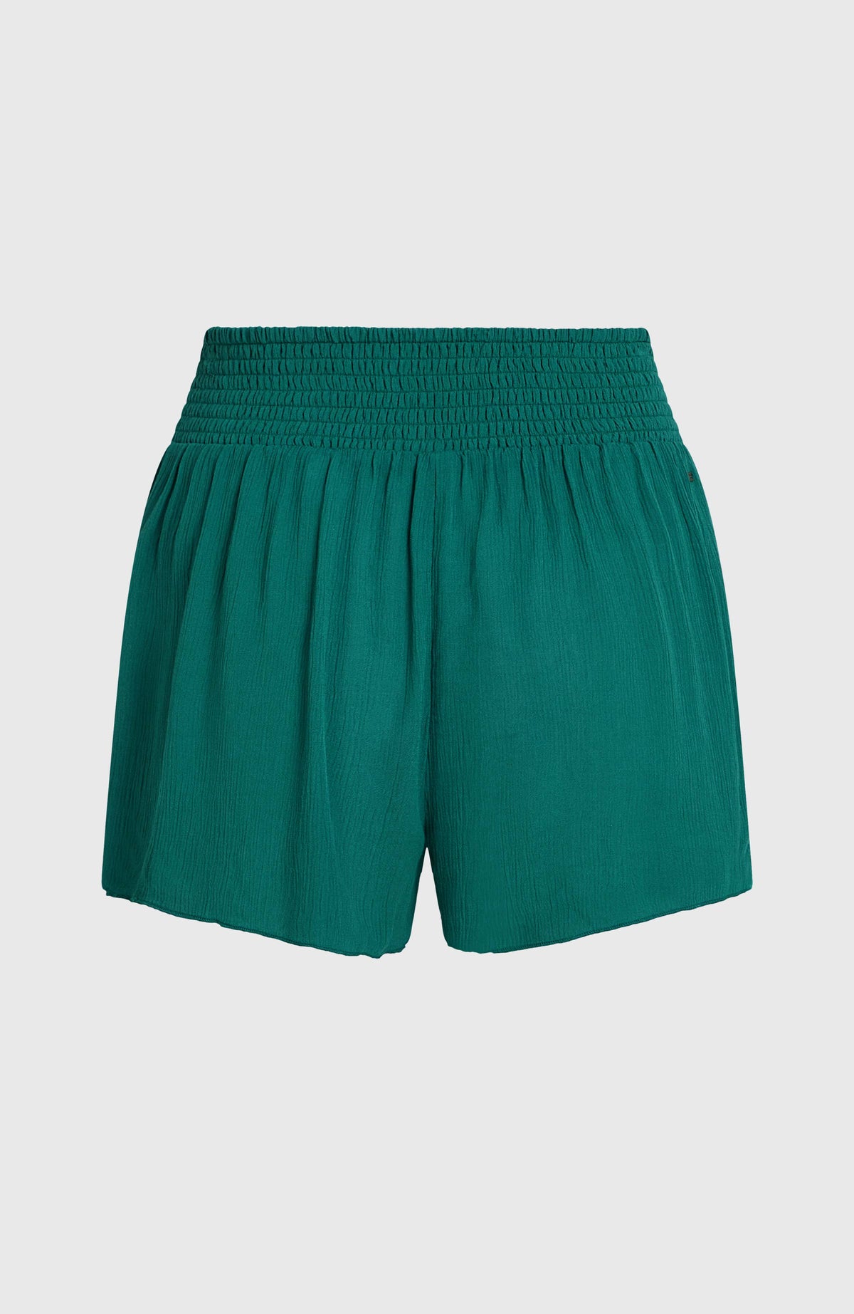 Johnny Smocked Waist Shorts für Damen, grün, freigestellt von hinten mit gerafftem Bund