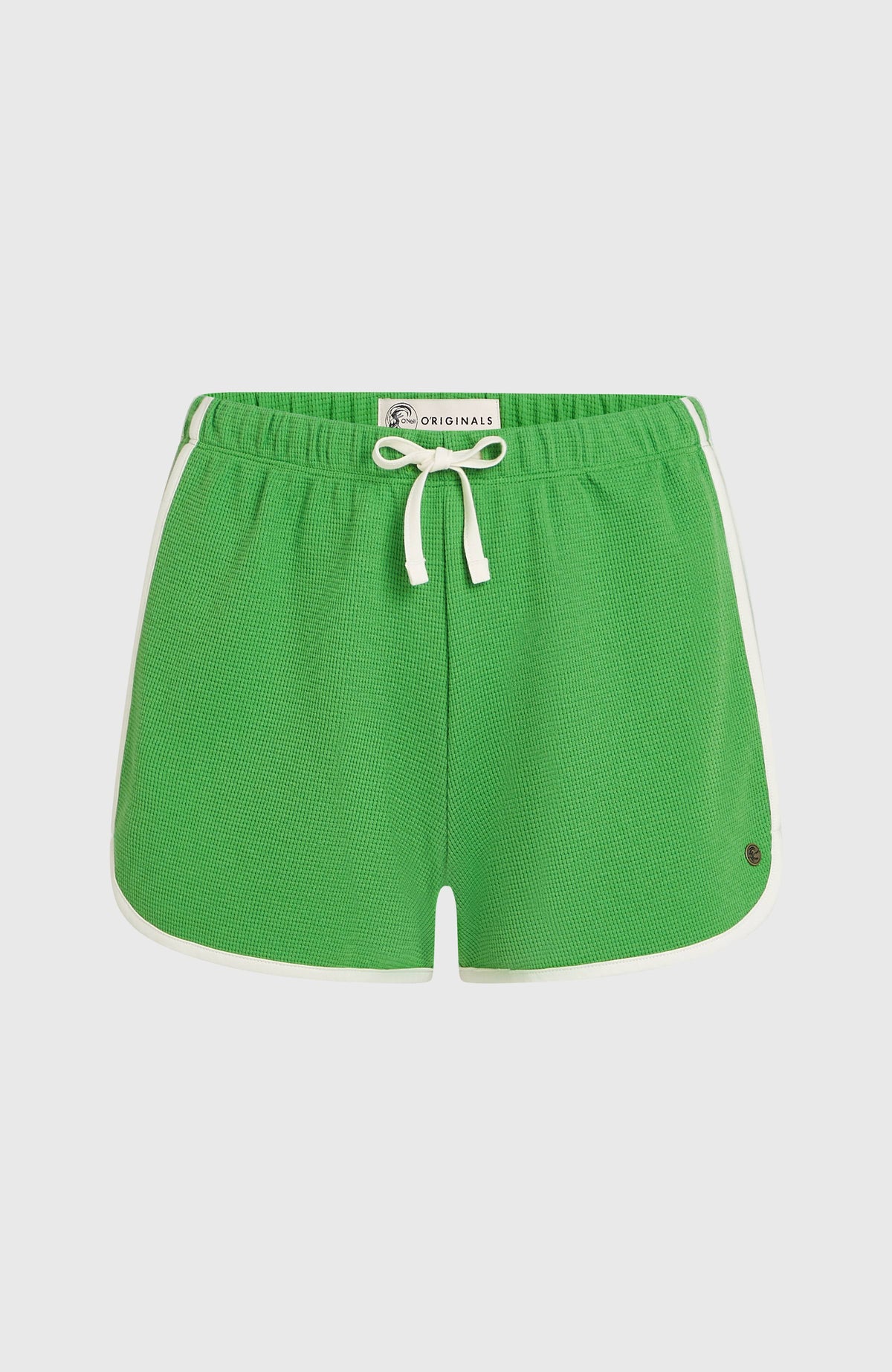 O'Riginals Waffelshorts für Damen, grün, flach liegend von vorne mit Kordelzug und weißer Paspelierung