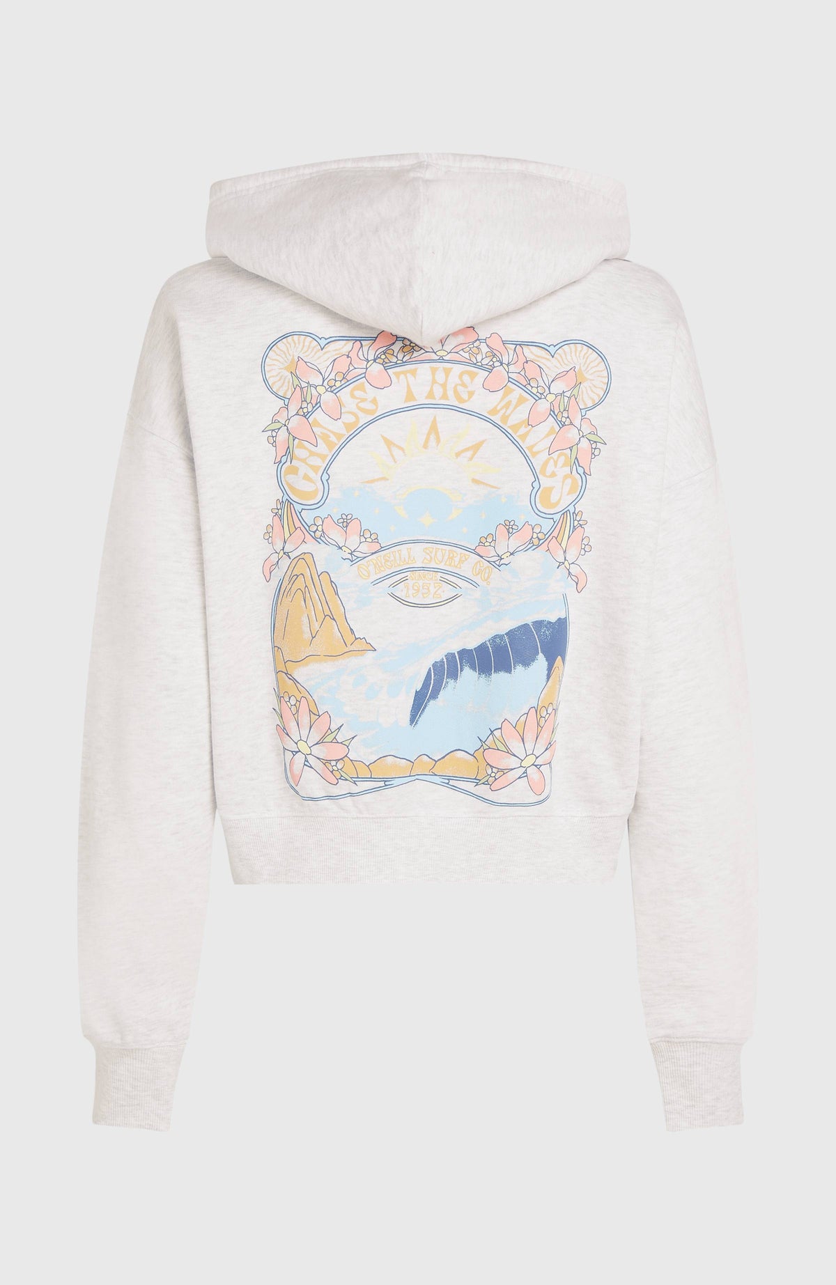 Weiße Beach Vintage Kapuzenjacke für Damen, freigestellt von hinten mit großem Grafik-Print