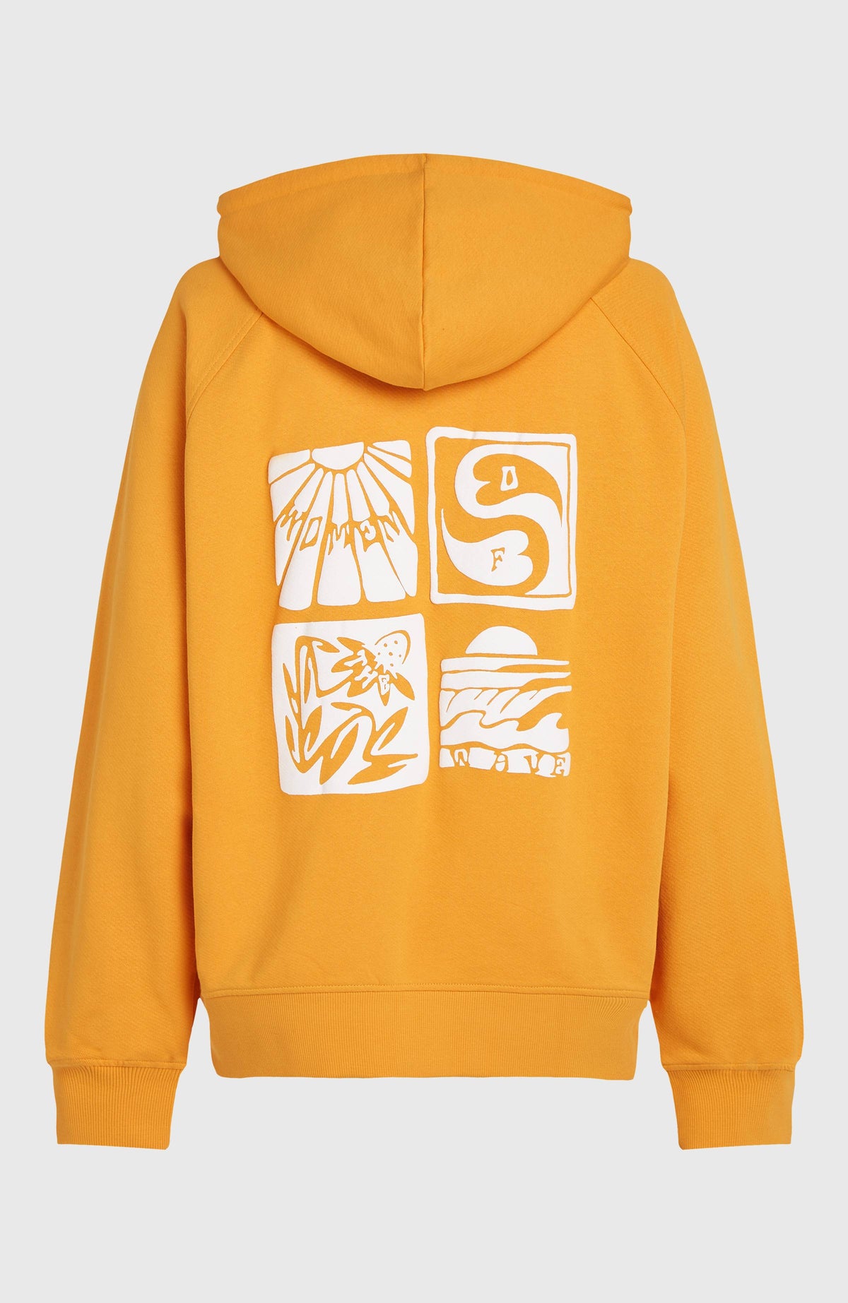 Women of the Wave Hoodie für Damen, orange mit Grafik-Print in Weiß, freigestellt von hinten mit Kapuze