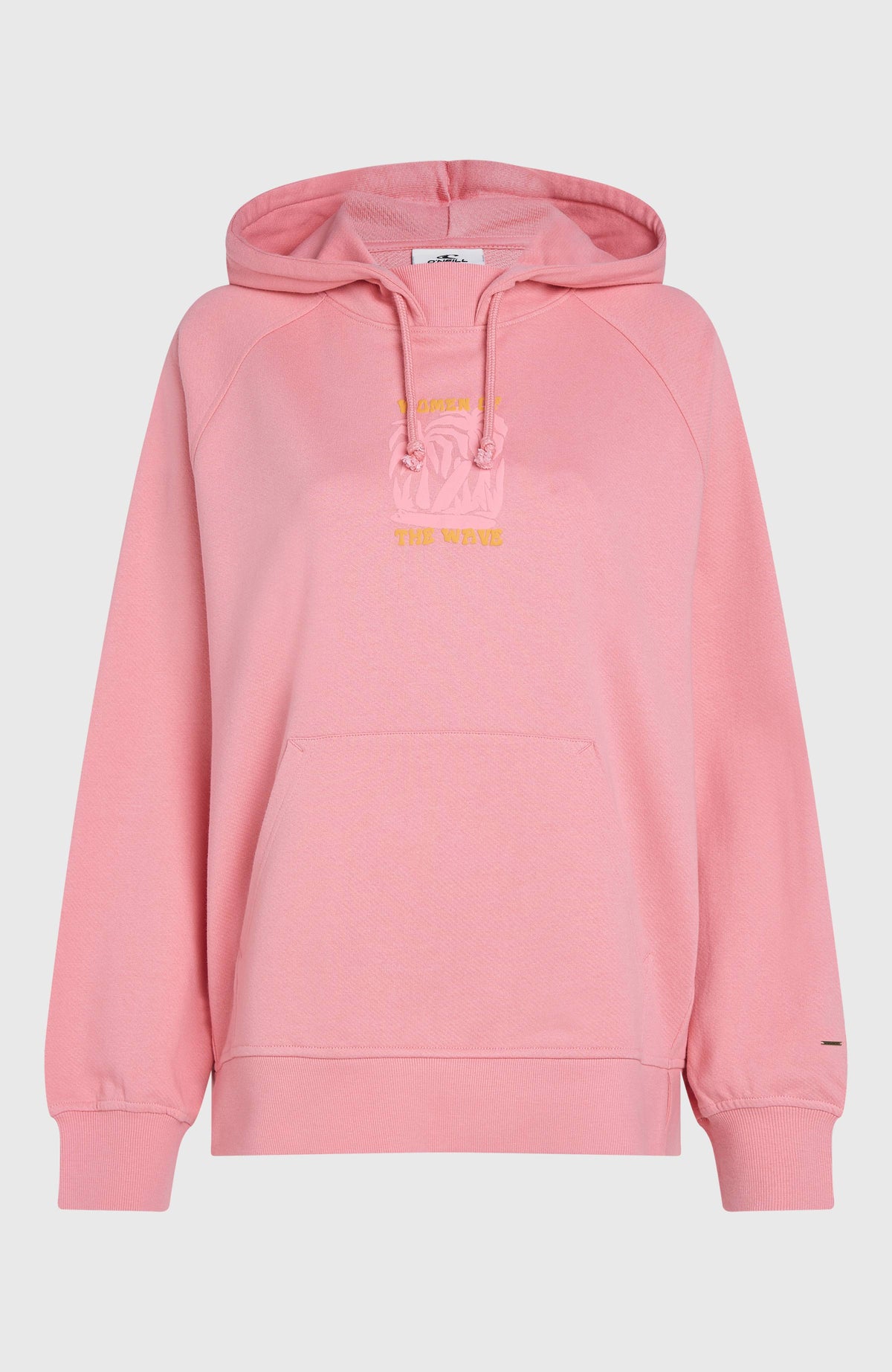 Pinker Women of the Wave Hoodie für Damen mit Grafik-Print in Gelb, freigestellt von vorne mit Kängurutasche