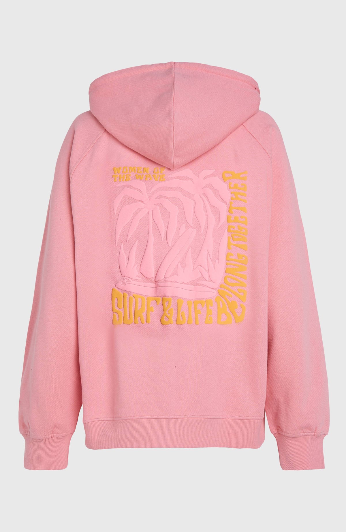Pinker Women of the Wave Hoodie für Damen mit großem Grafik-Print in Gelb, freigestellt in der Rückansicht