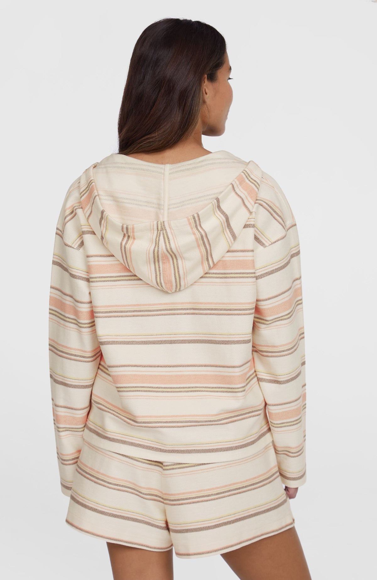 Bavaro Hoodie für Damen, weiß mit Streifenmuster in Orange und Braun, Rückansicht mit Kapuze getragen am Model