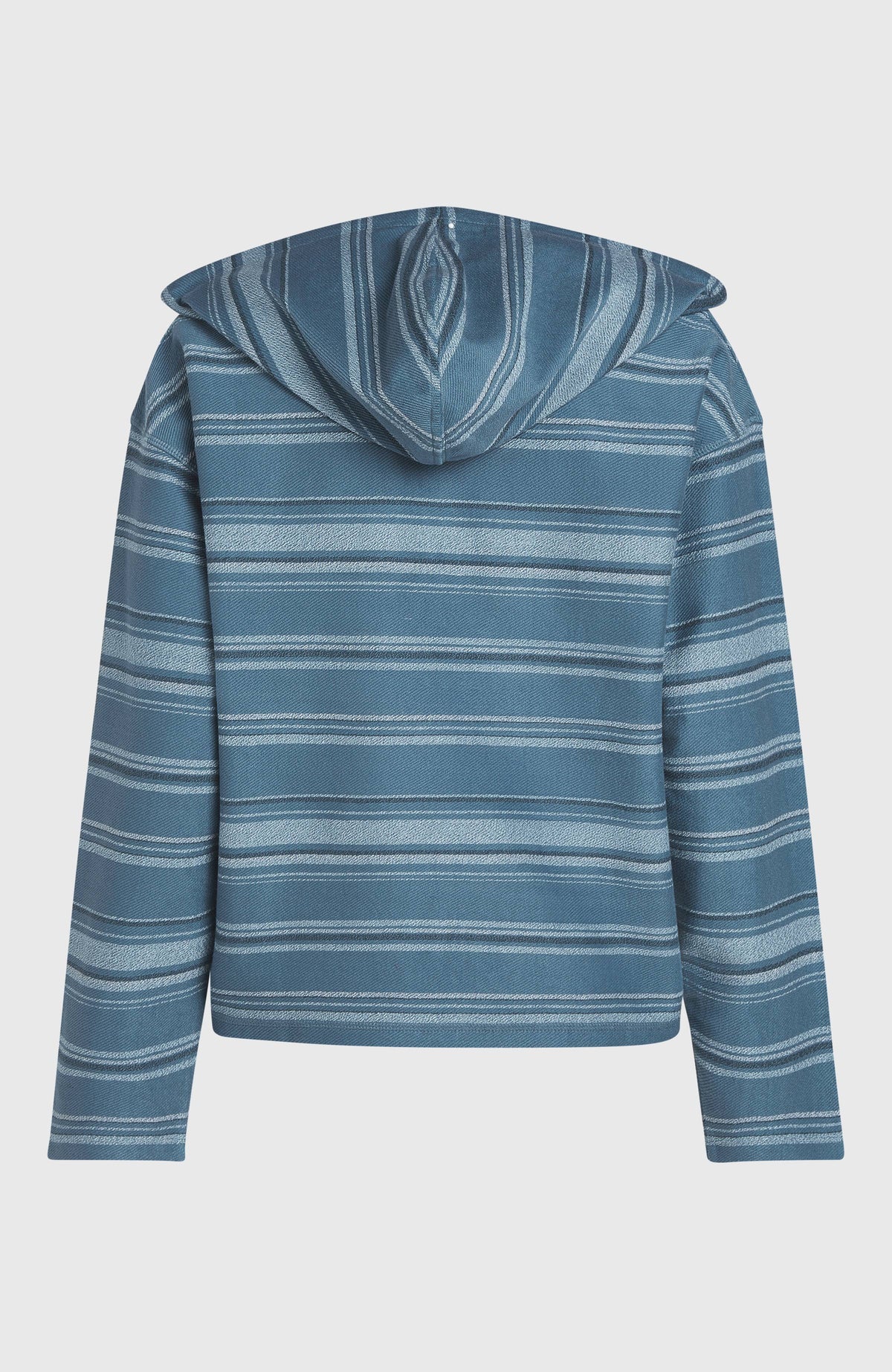 Blauer Bavaro Hoodie für Damen mit Streifenmuster in Weiß, freigestellt von hinten mit Kapuze