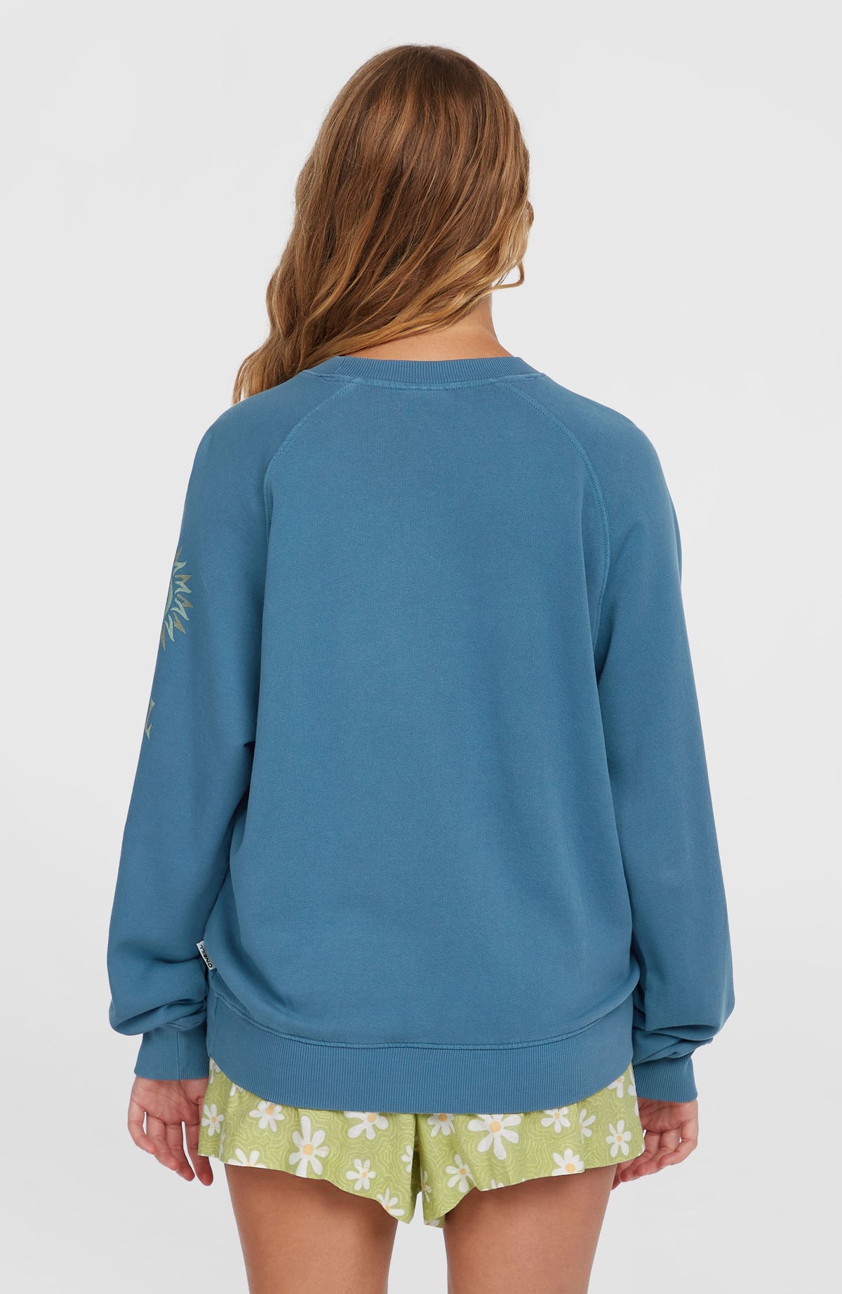 Beach Vintage Crew Sweatshirt für Damen, blau mit Logo-Print, Rückansicht am Model