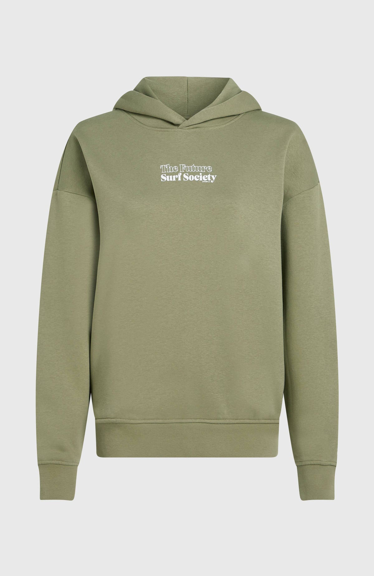 Future Surf Society Hoodie für Damen, grün mit Logo-Print in Weiß, freigestellt von vorne mit Bündchen