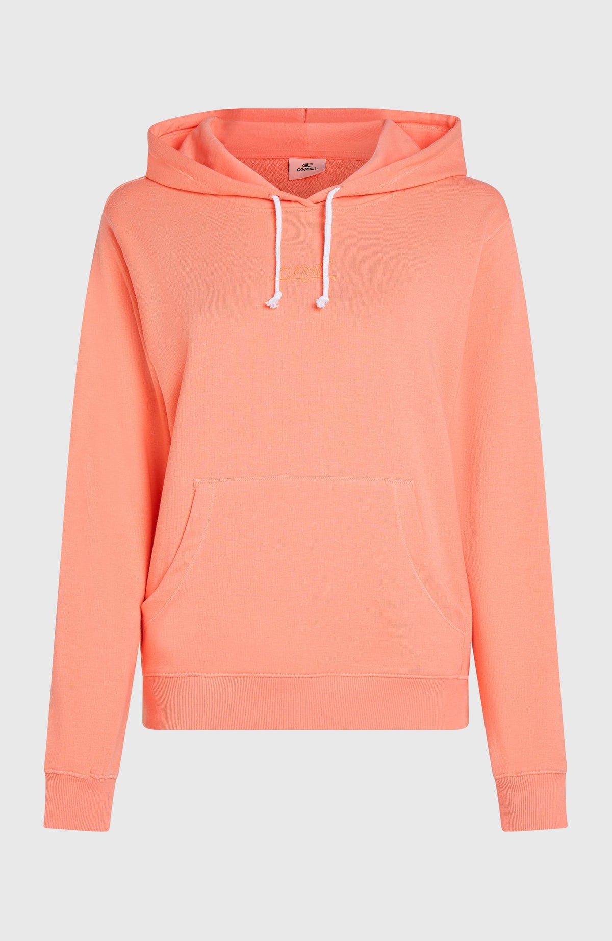 Essentials O'Neill Script Hoodie für Damen, pink, freigestellt von vorne mit Kängurutasche und Kordelzug