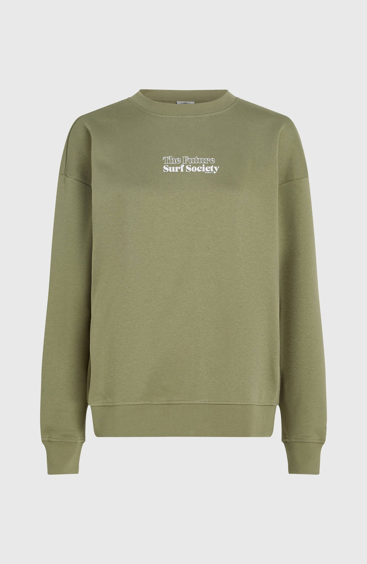 Future Surf Crew Sweatshirt für Damen, grün mit Logo-Print in Weiß, freigestellt von vorne