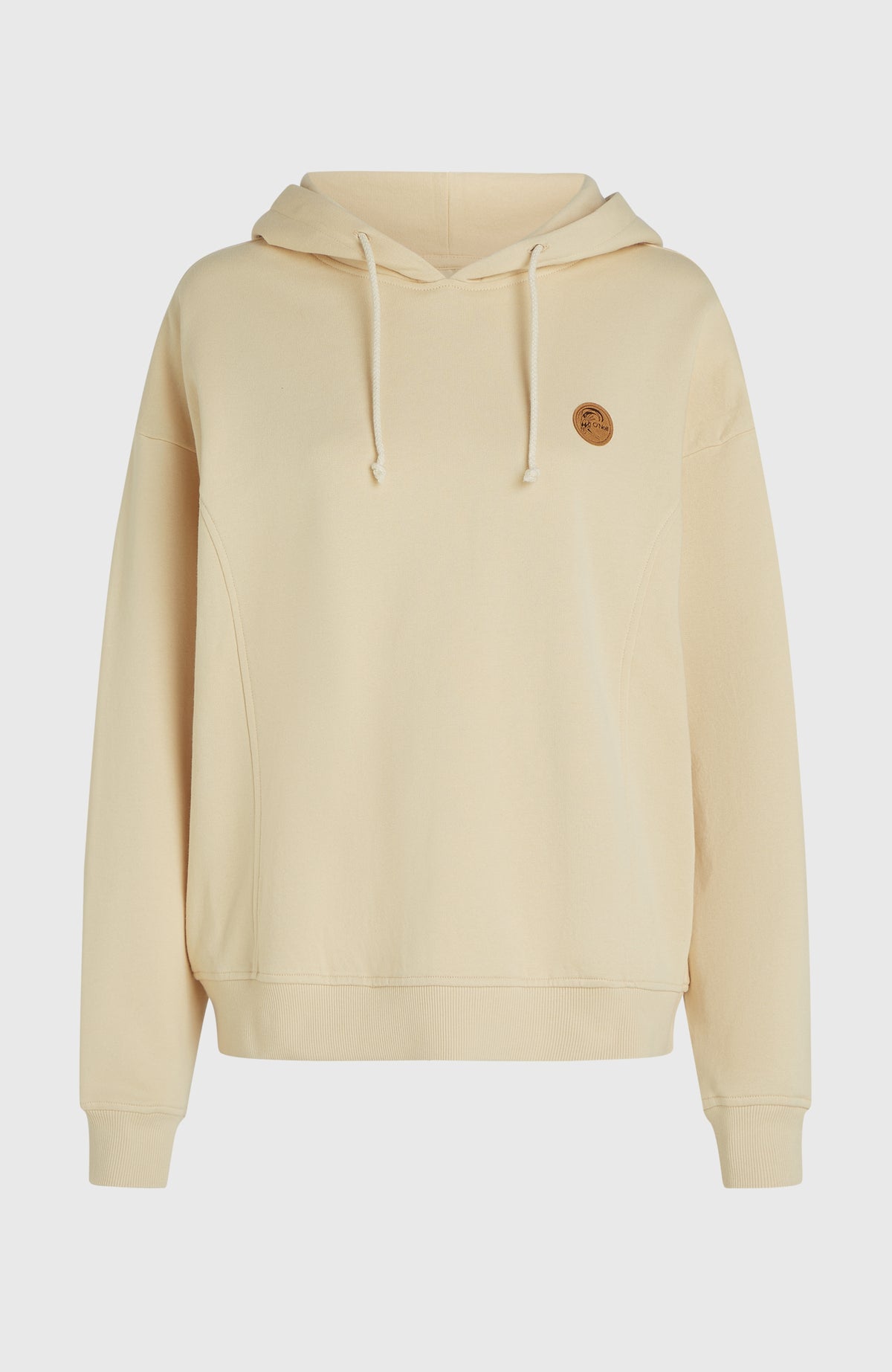 O'Riginals Oversized Hoodie für Damen, beige, freigestellt von vorne mit Kordelzug an der Kapuze