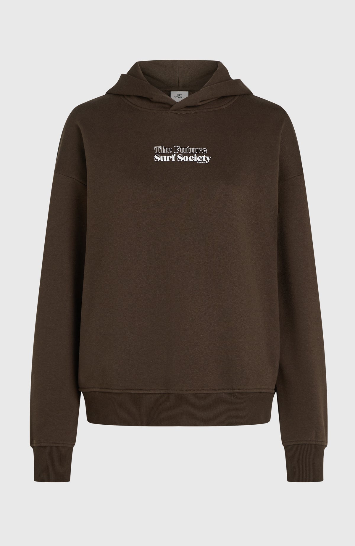 Future Surf Society Hoodie für Damen, braun mit Logo-Print in Weiß, freigestellt von vorne