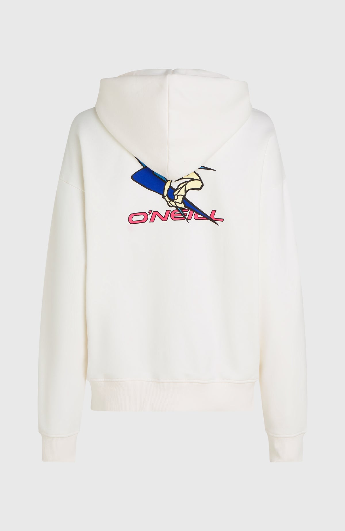 FWC'Play Hoodie für Damen, weiß mit Logo-Print in Blau und Pink, freigestellt von hinten mit großem Print auf der Rückseite