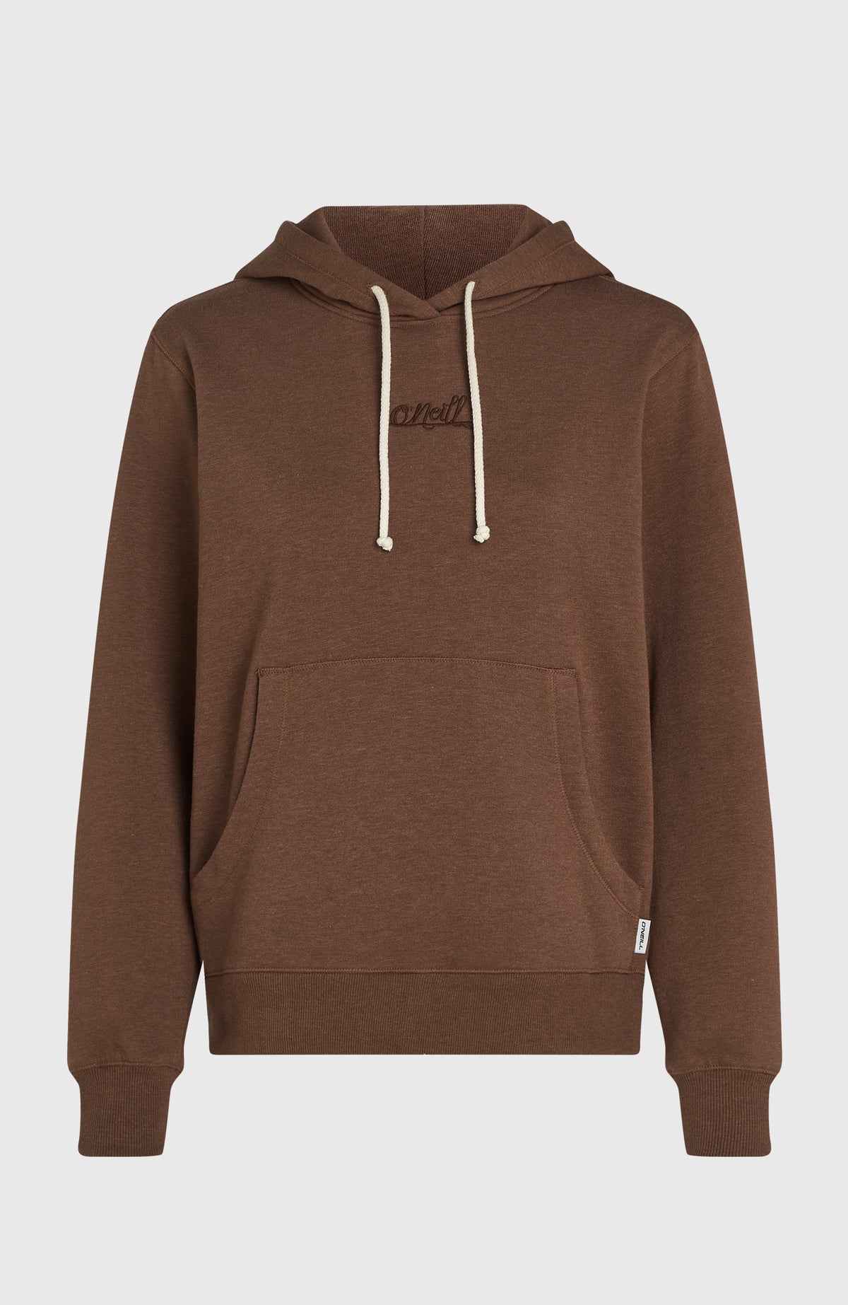 Essentials Script Hoodie für Damen in Braun, freigestellt von vorne mit Kängurutasche und Kordelzug