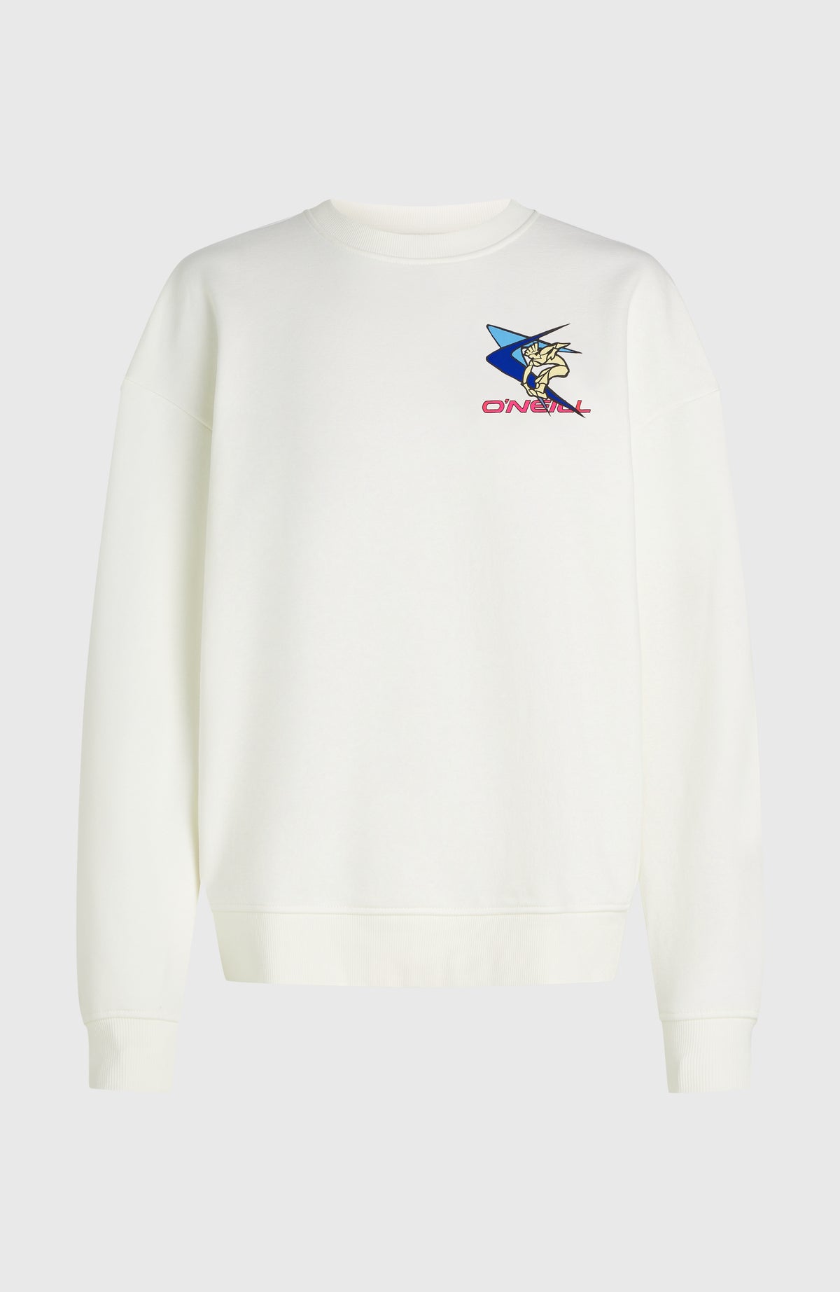 FWC'Play Crew Sweatshirt für Damen, weiß mit Logo-Print in Blau und Rosa, freigestellt von vorne mit Rippbündchen