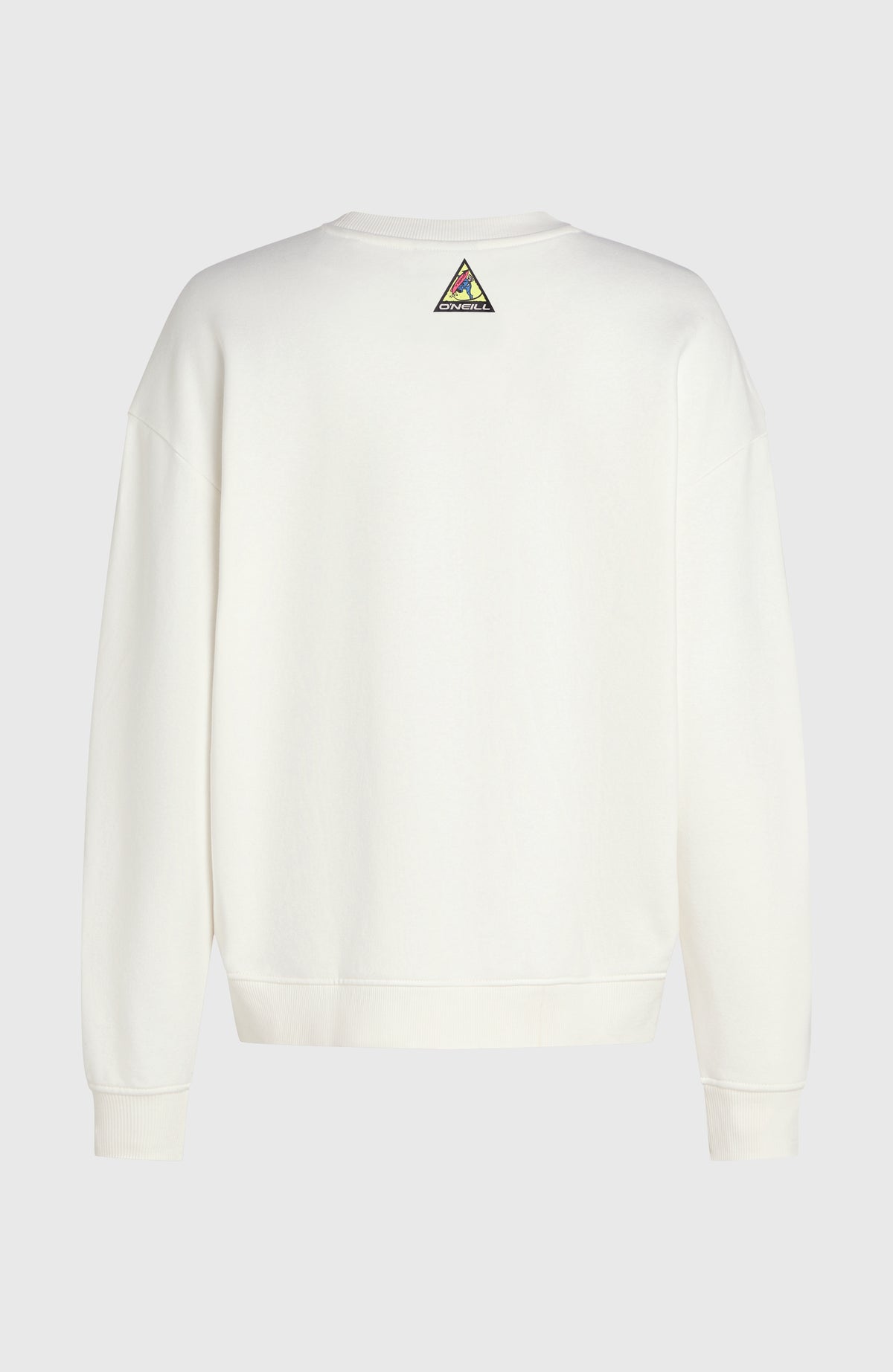 FWC'Play Crew Sweatshirt für Damen, weiß, freigestellt von hinten mit dreieckigem Logo-Print an der oberen Rückseite