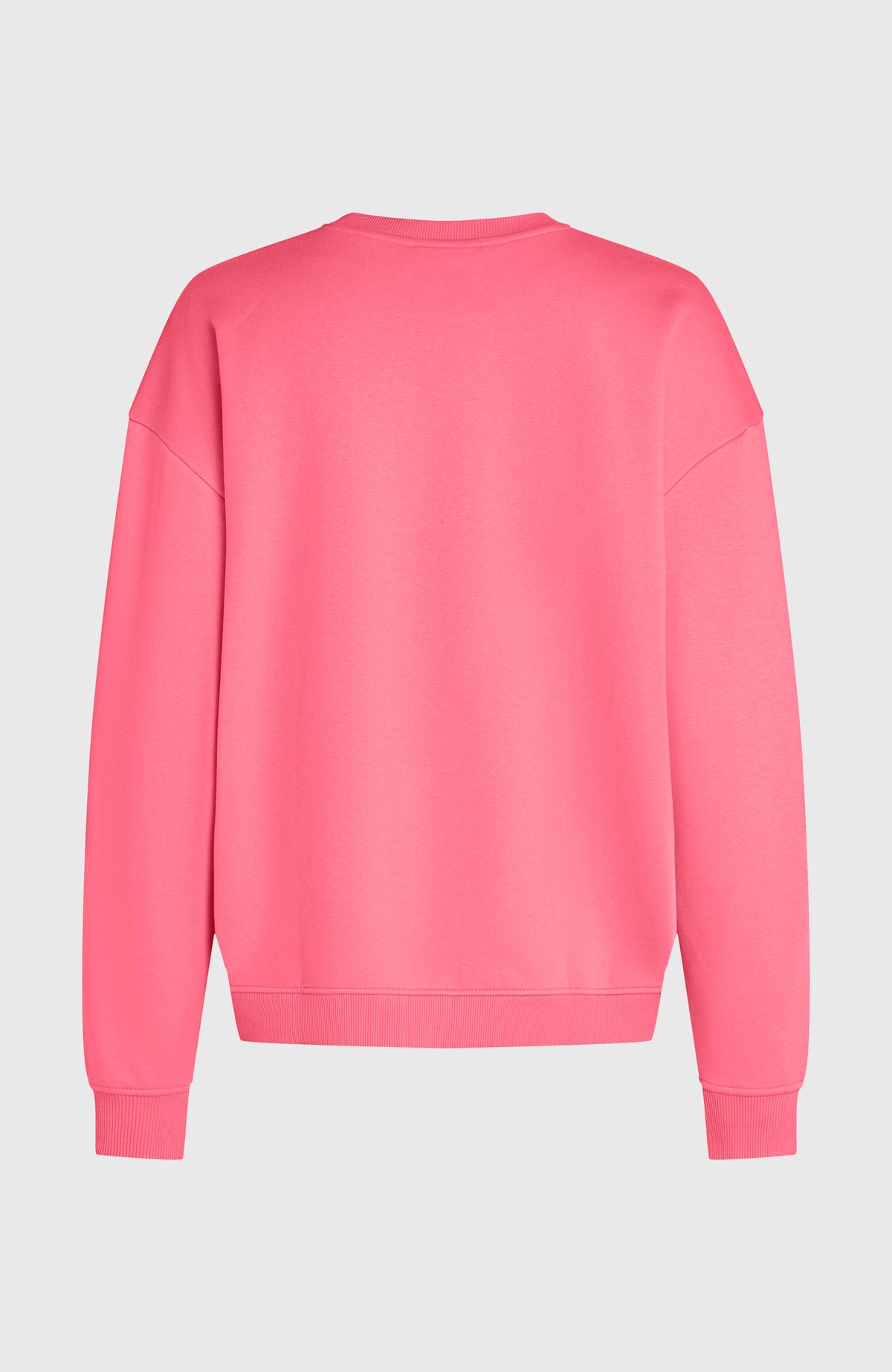 Pinkes FWC'Play Crew Sweatshirt für Damen, freigestellt in der Rückansicht mit gerippten Bündchen und Saum