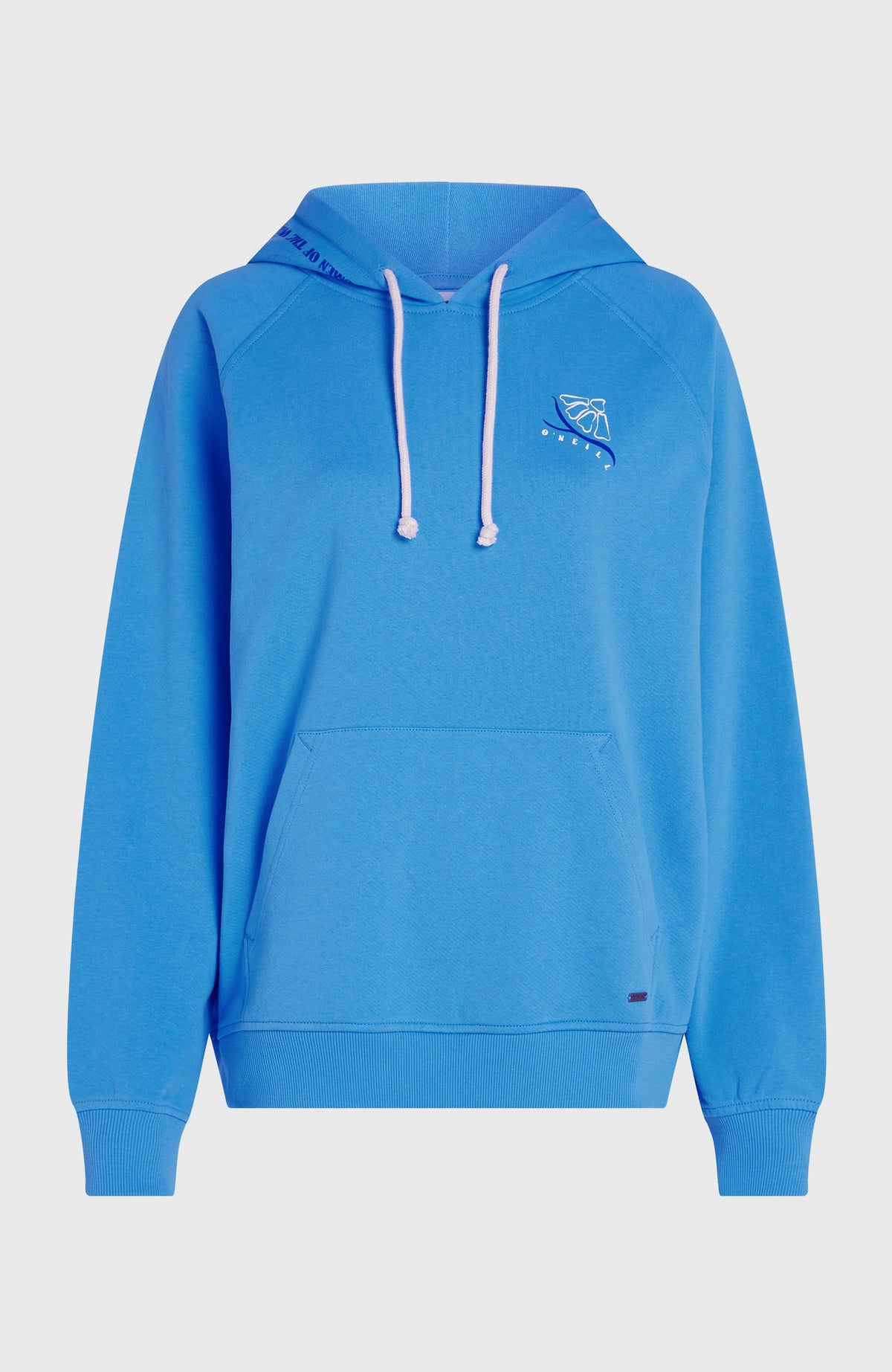 Women of the Wave Hoodie für Damen, blau, freigestellt von vorne mit Kängurutasche und weißem Kordelzug