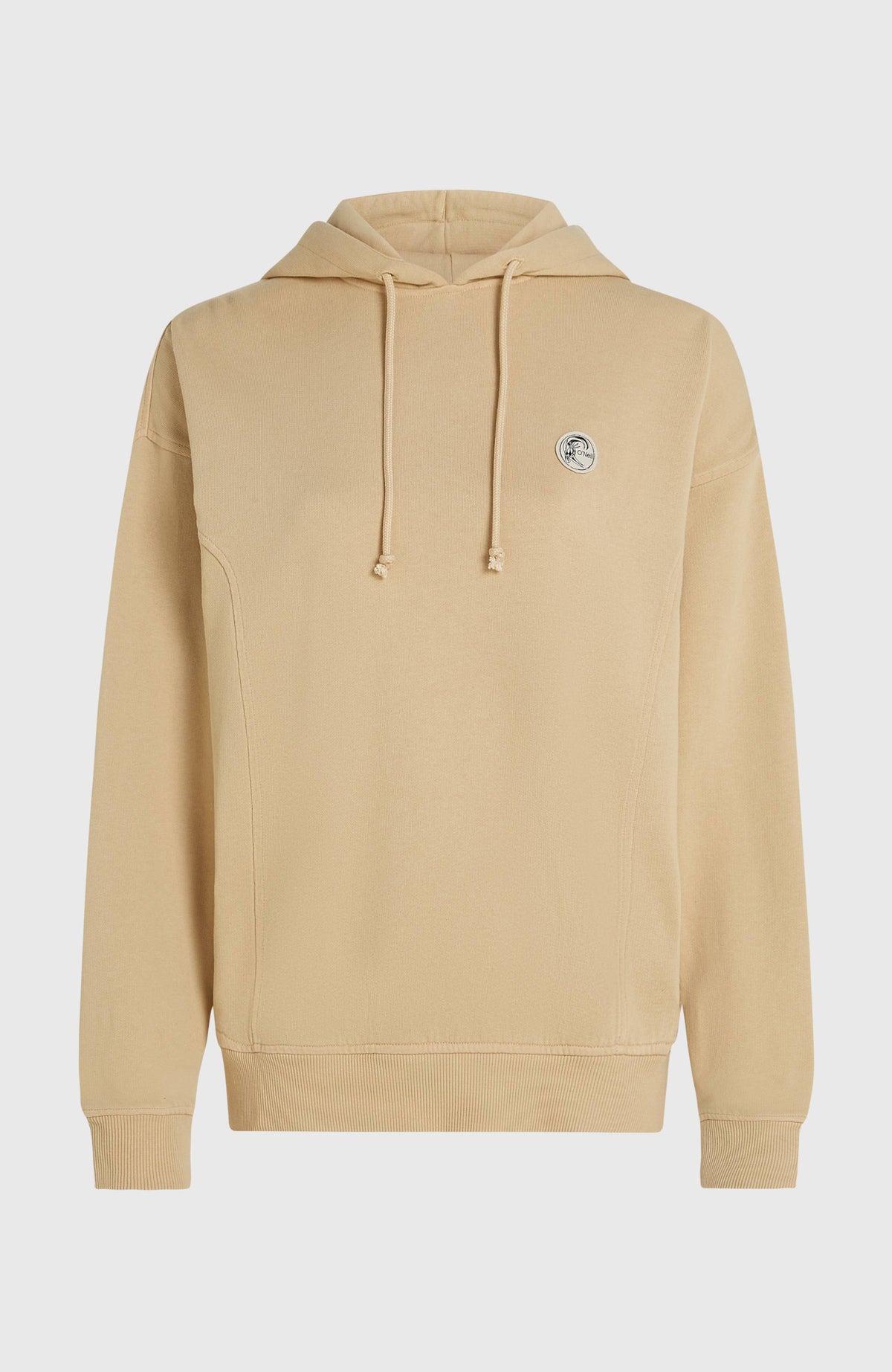 O'Riginals Hoodie für Damen, beige, freigestellt von vorne mit Kordelzug und Logo-Badge