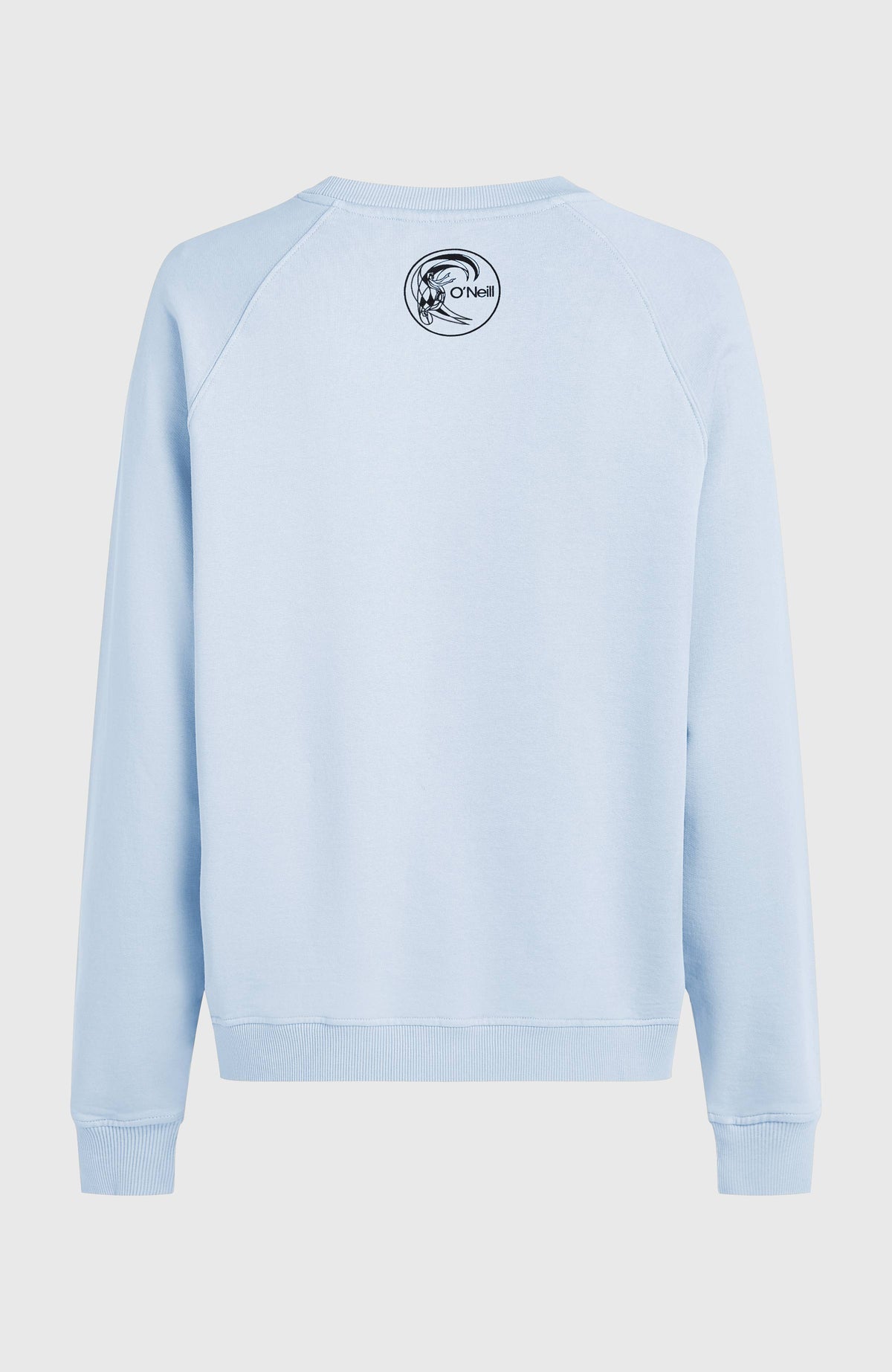 Blaues O'Riginals Crewneck Sweatshirt für Damen, freigestellt von hinten mit Logo-Print unter dem Kragen
