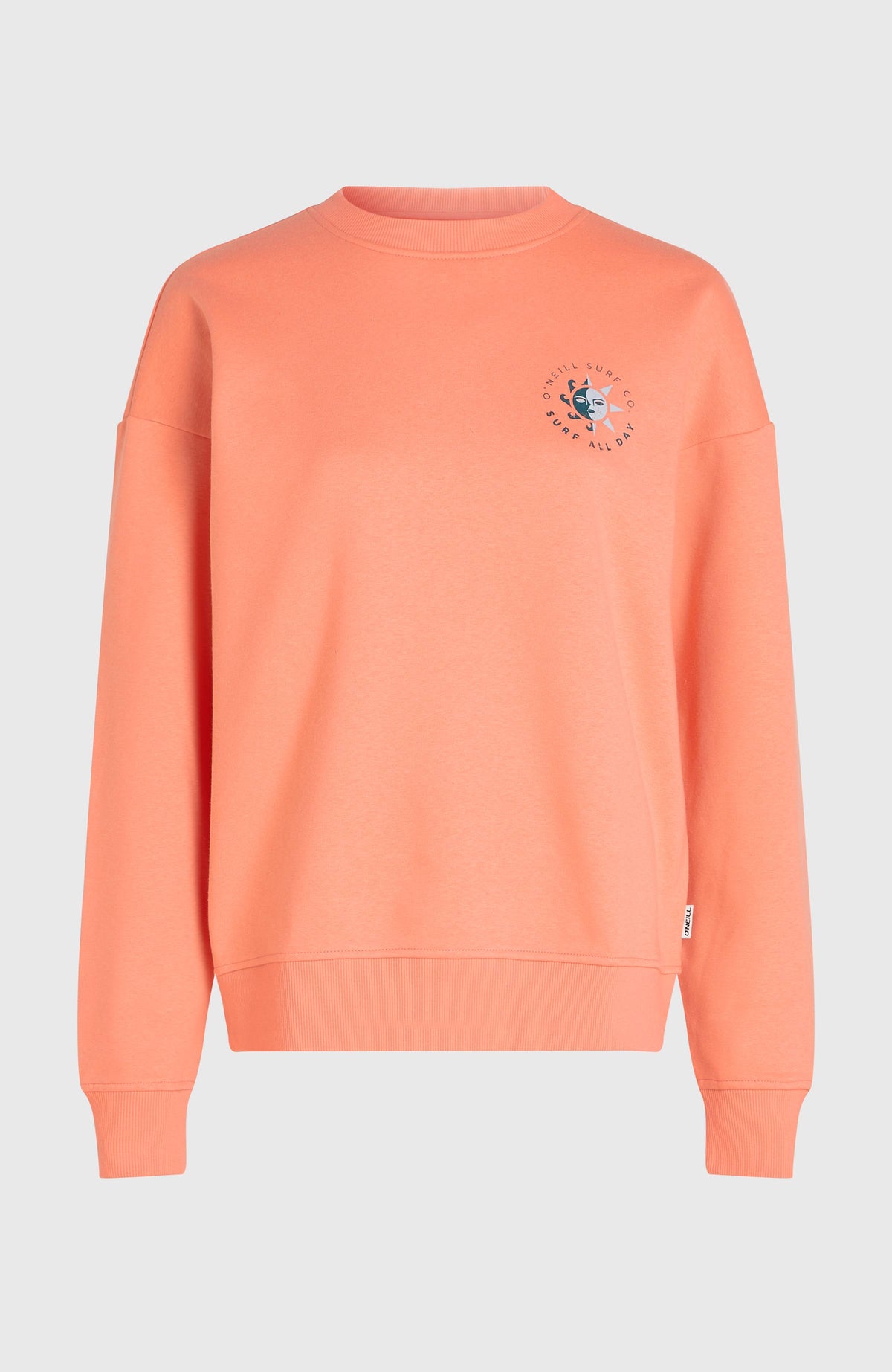 Summer Must-Have Crewneck Sweatshirt für Damen, orange, freigestellt von vorne mit kleinem Logo auf der Brust