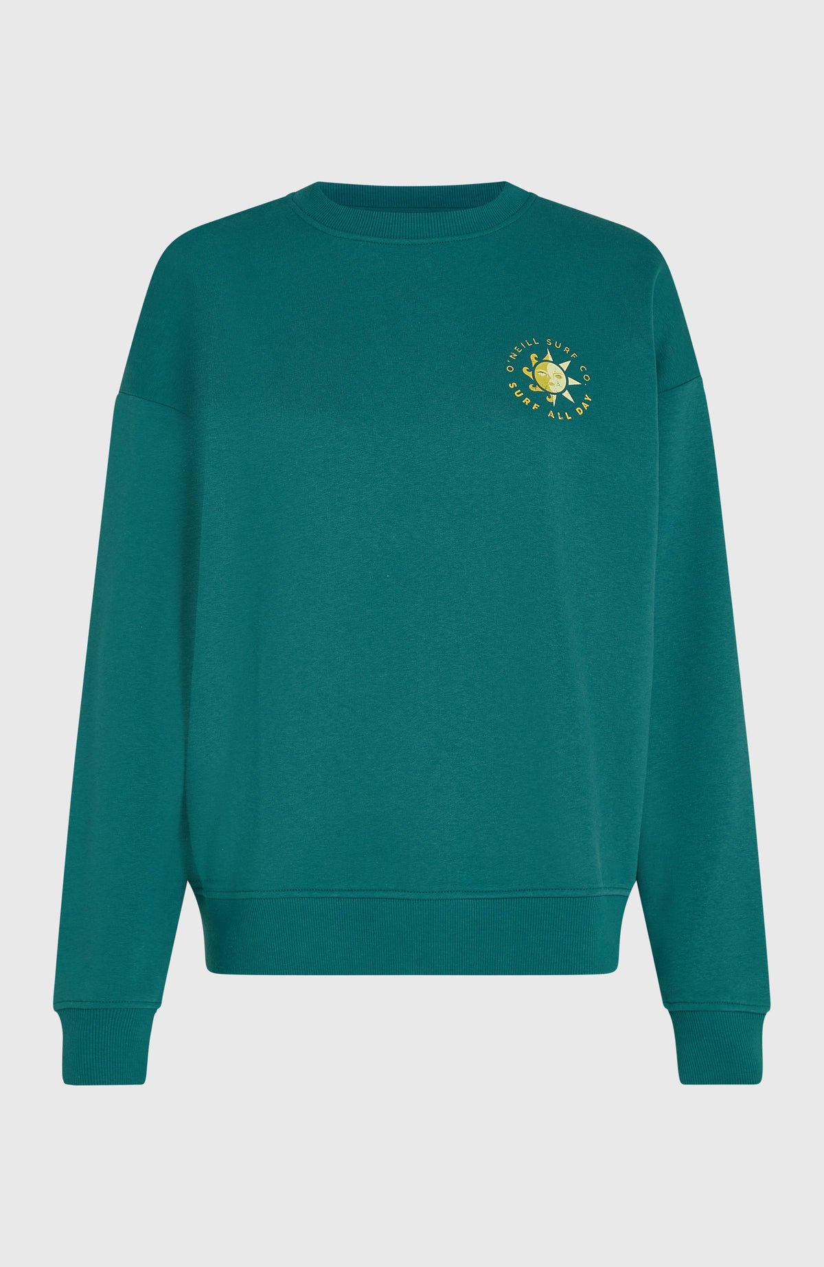 Summer Must-Have Crewneck Sweatshirt für Damen, grün mit Logo-Print in Gelb, freigestellt von vorne