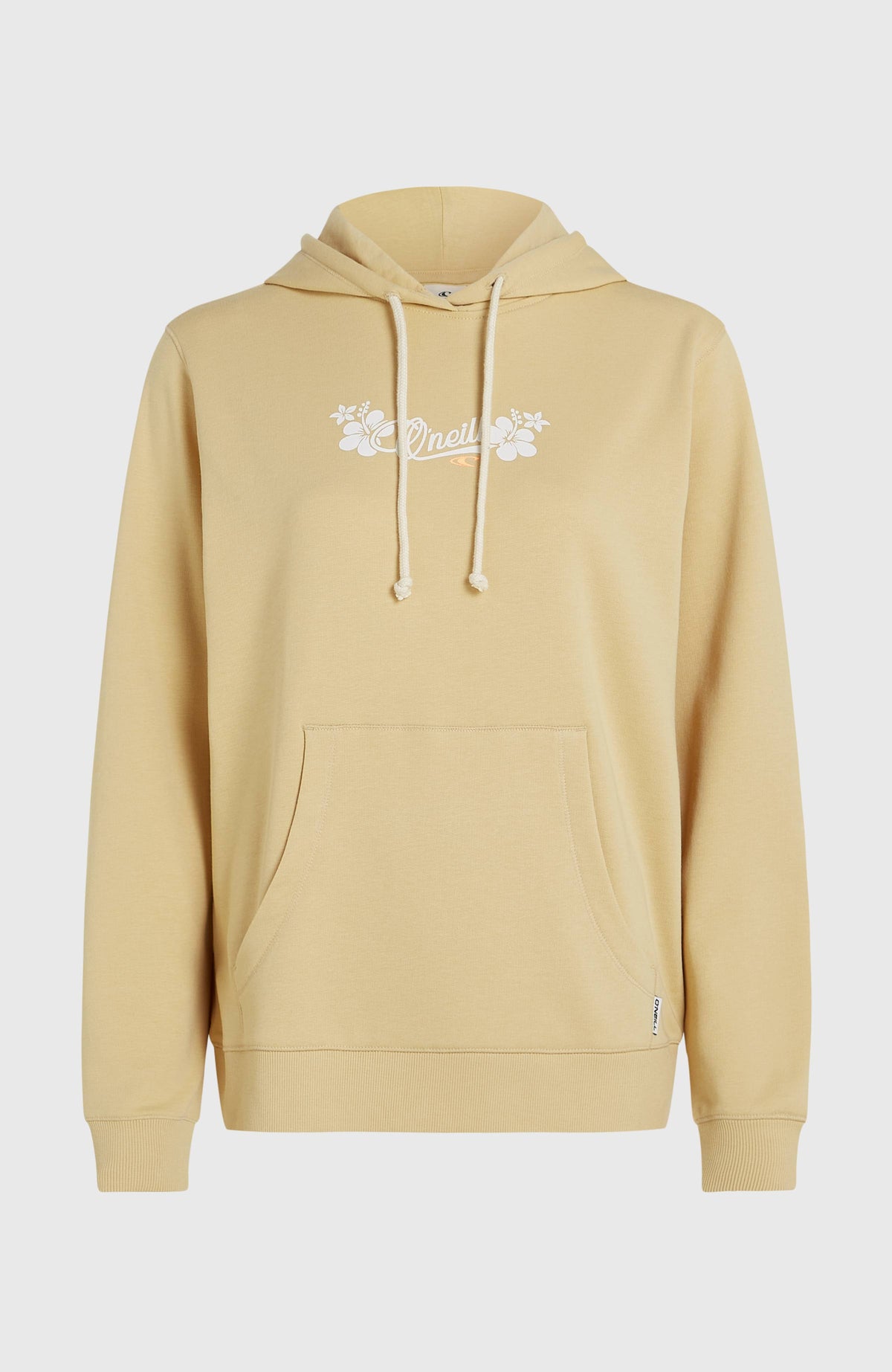 Essentials Script Hoodie für Damen, beige mit Logo-Print in Weiß, freigestellt von vorne