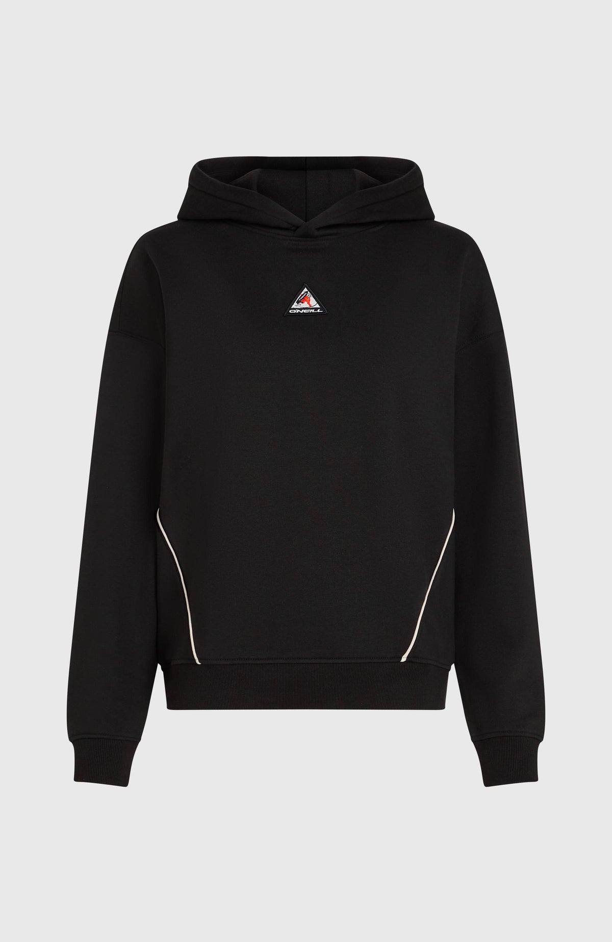 FWC'Play Hoodie für Damen, schwarz, freigestellt von vorne mit Kontrastpaspeln am Saum