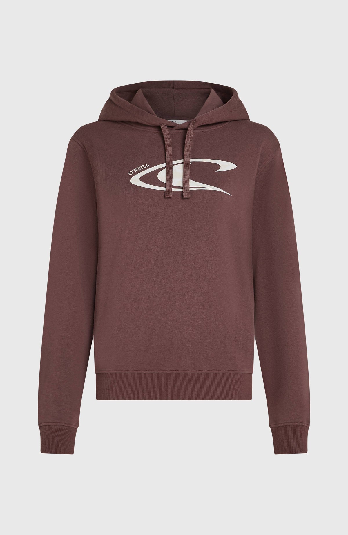 Graphic Hoodie für Damen, lila mit Logo-Print in Weiß, freigestellt von vorne mit Kordelzug an der Kapuze