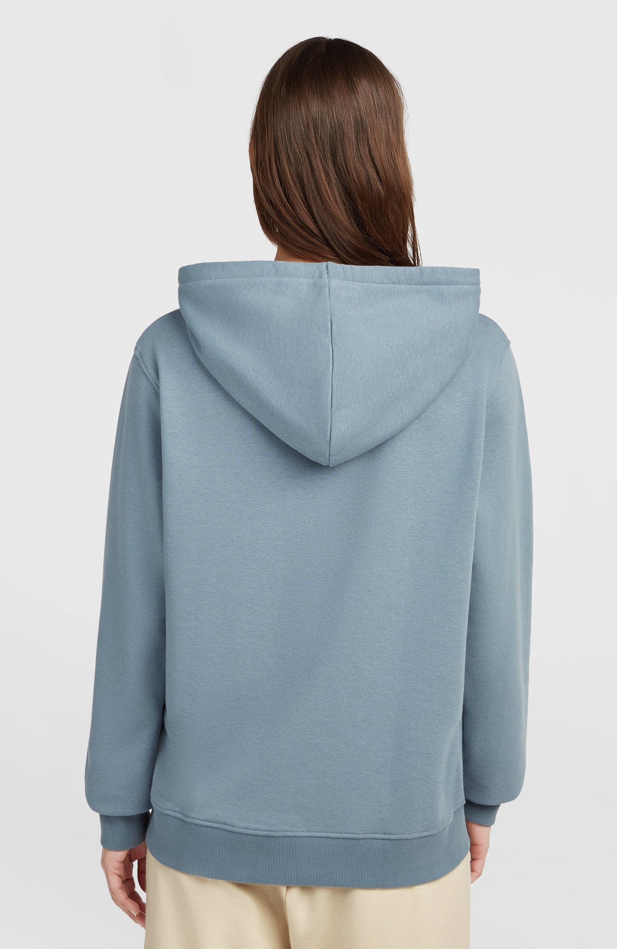 Graphic Hoodie für Damen, blau, Rückansicht am Model mit Kapuze