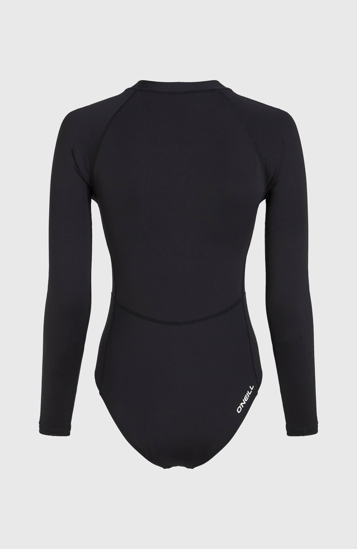 Schwarzer Women of the Wave Longsleeve-Badeanzug für Damen, freigestellt von hinten mit Logo-Print