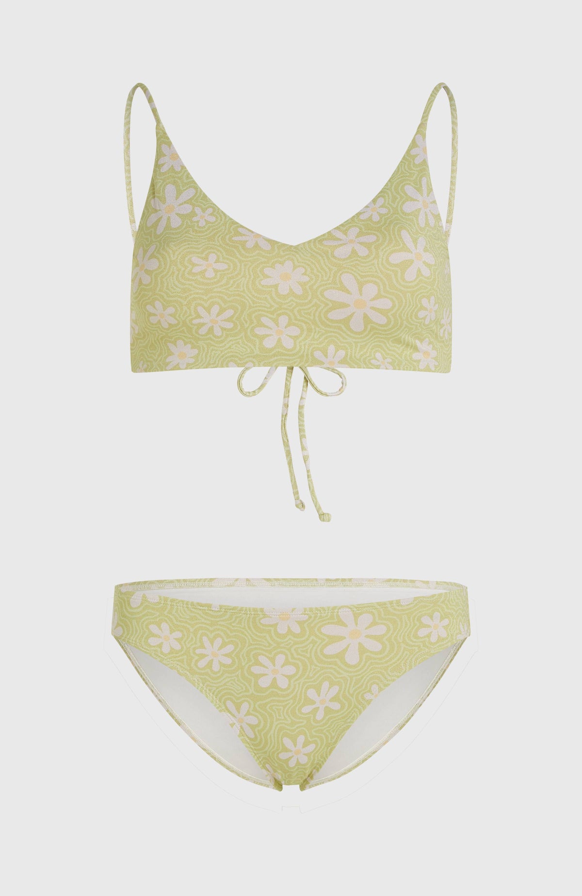 Beach Vintage Midles Rita Bikini-Set, grün mit Blumenmuster in Weiß, Oberteil und Bikinihose freigestellt von vorne
