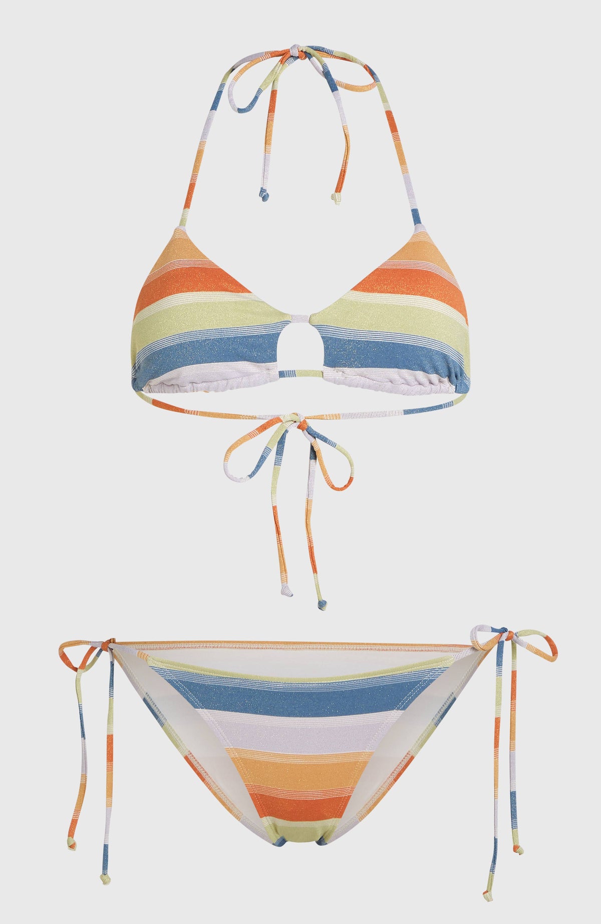 Beach Vintage Bikini-Set für Damen, gelb mit Streifenmuster in Blau und Orange, freigestellt von vorne mit Bindebändern