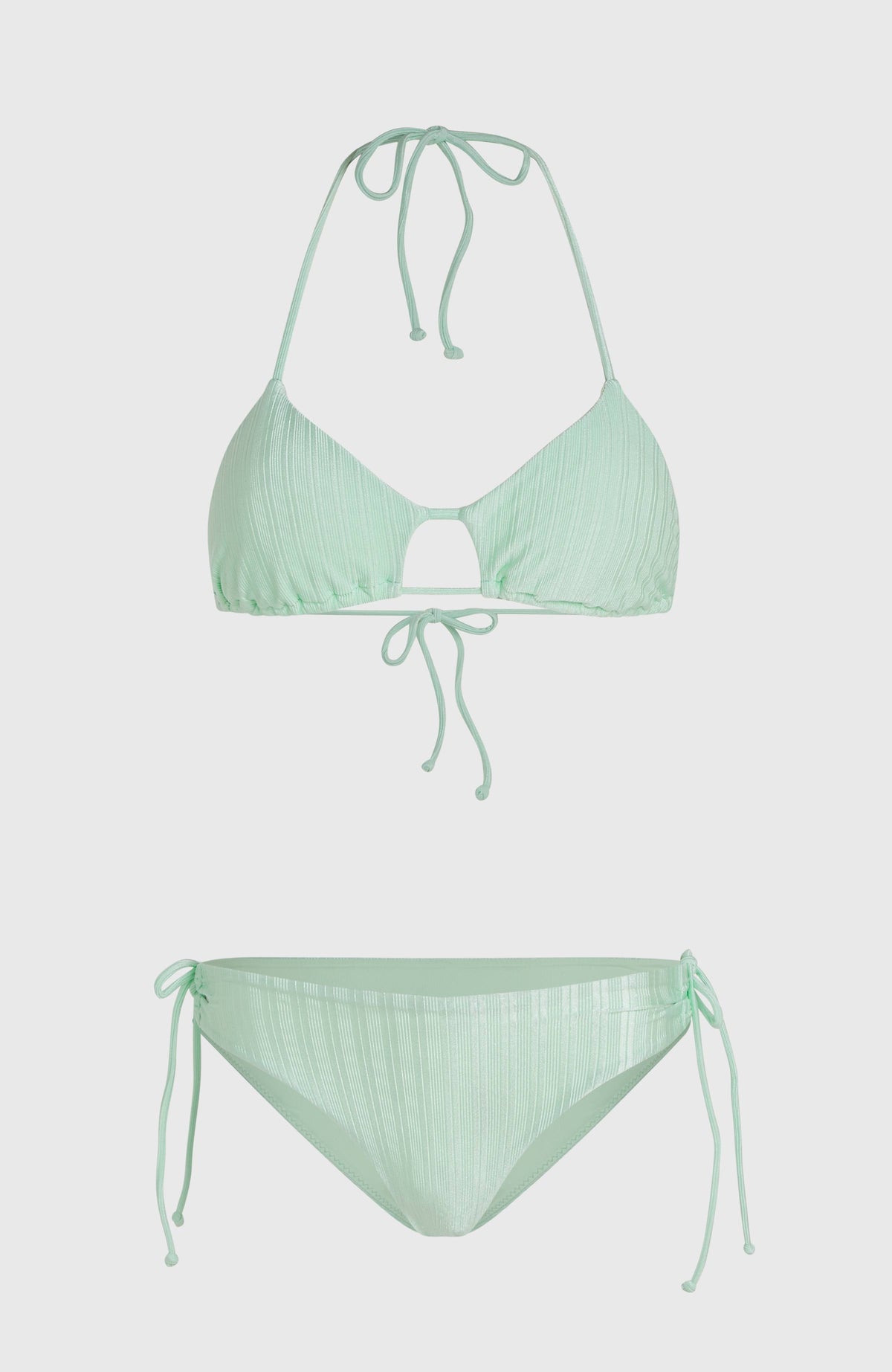 Madrid Jensen Bikini-Set für Damen, grün, freigestellt von vorne, Bikinioberteil und Bikinihose mit Bindebändern