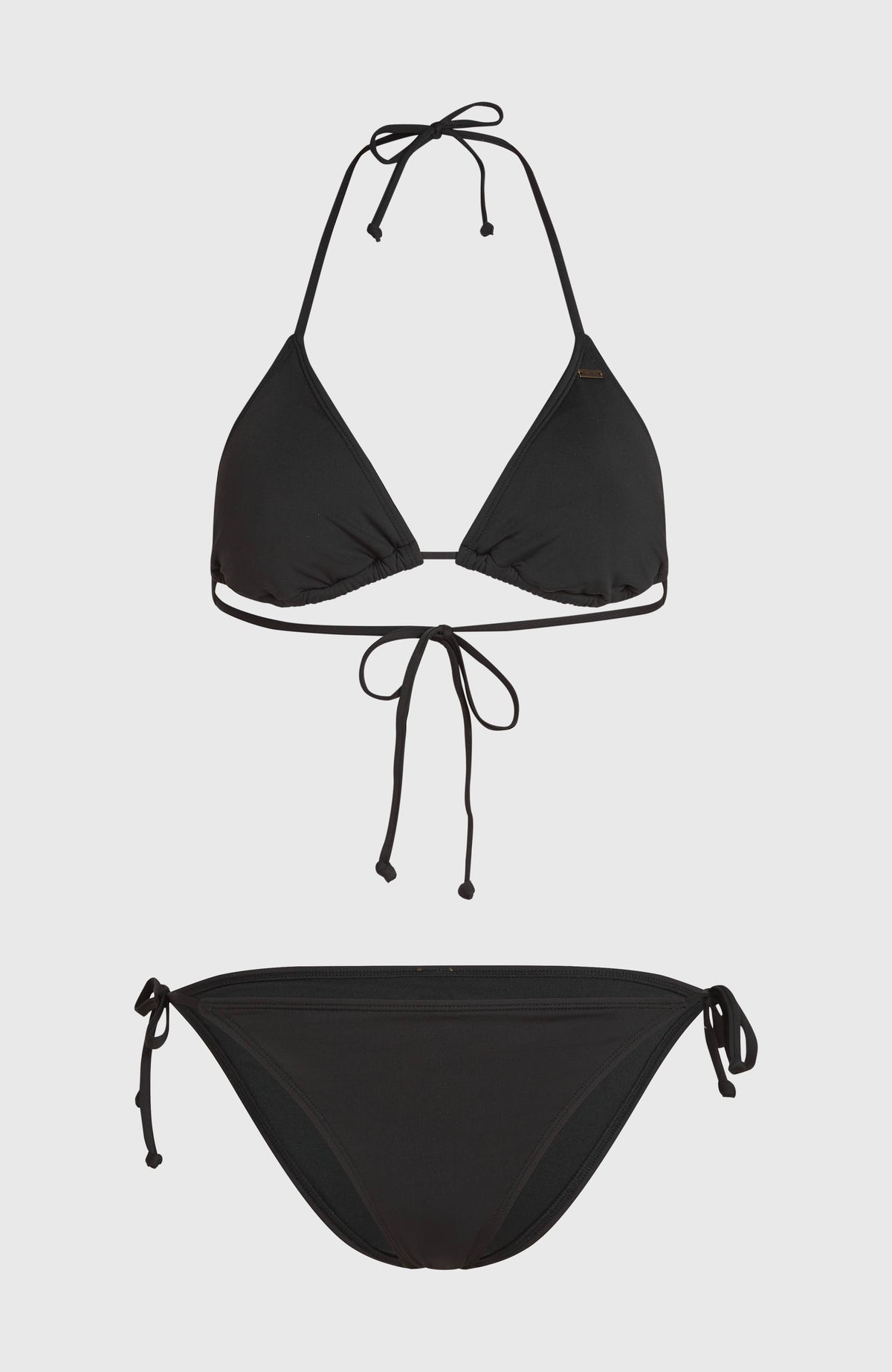 Venice Marakas Bikini-Set für Damen, schwarz, freigestellt von vorne, Oberteil und Bikinihose mit Bindebändern
