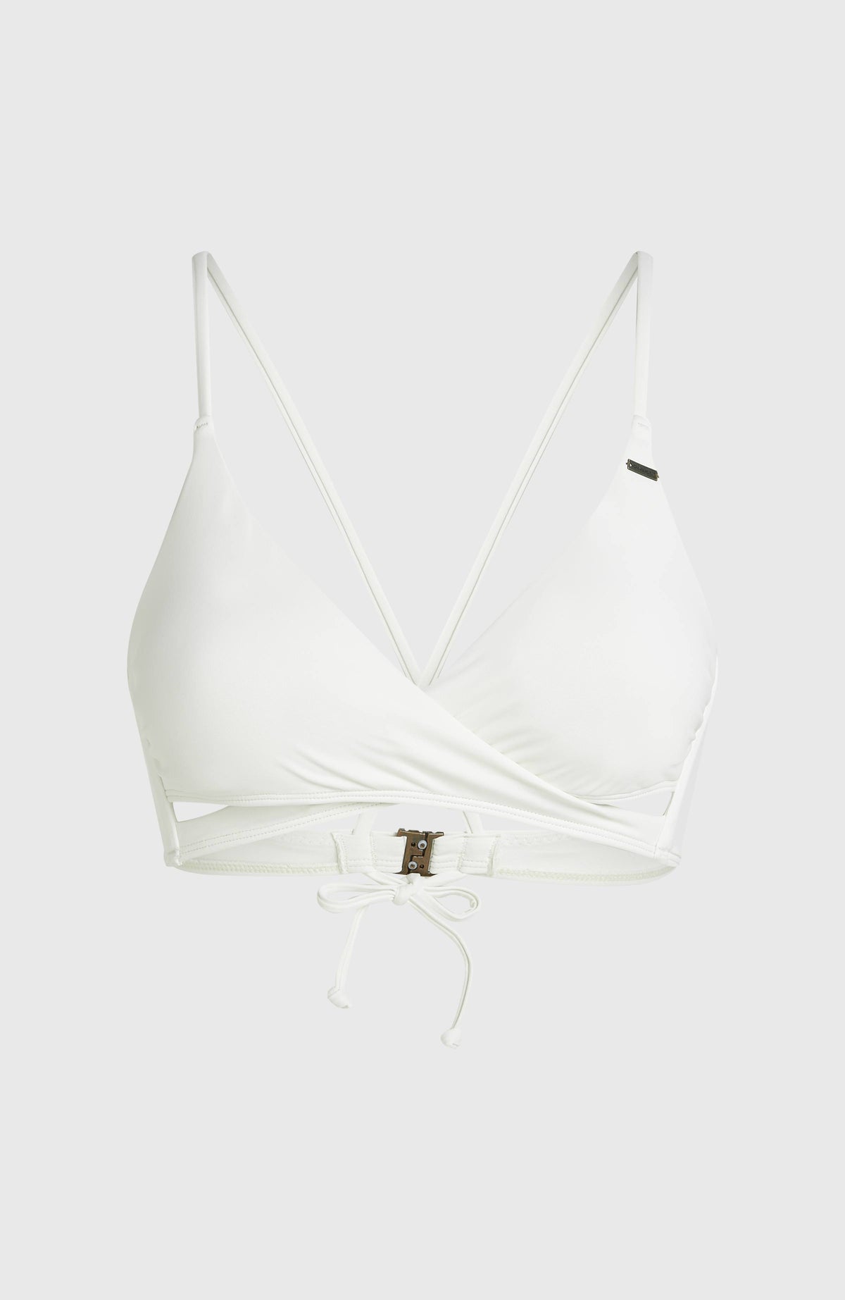 Baay Bikini-Oberteil für Damen, weiß, freigestellt von vorne mit überkreuzter Frontpartie und Bindeband