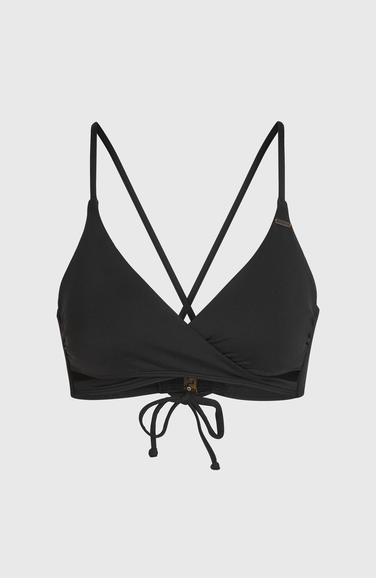 Baay Bikini-Oberteil für Damen, schwarz, freigestellt von vorne, mit überkreuzten Trägern und Schnürung am Saum