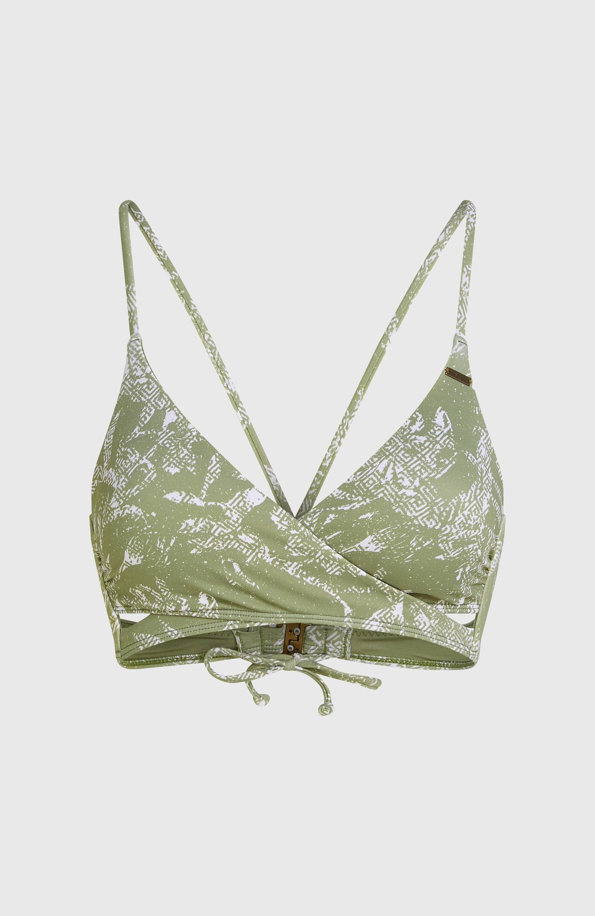 Baay Bikini-Oberteil für Damen, grün mit Muster in Weiß, freigestellt von vorne, Wickeloptik und Bindebänder