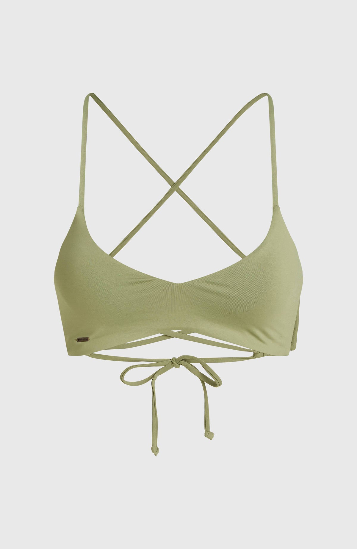 Huntington Bralette Bikini-Oberteil für Damen, grün, freigestellt von vorne mit gekreuzten Trägern und Bindeband