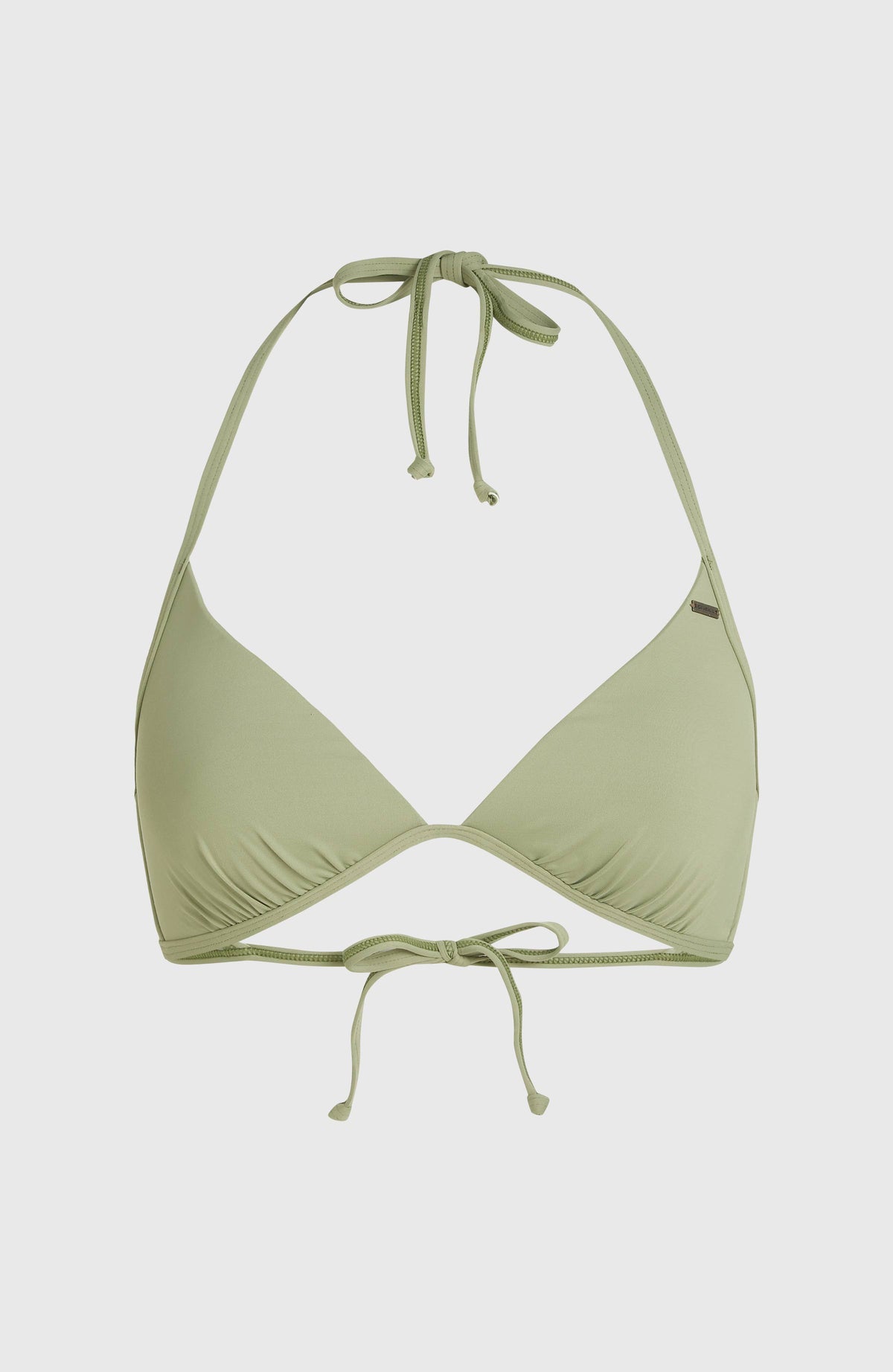 Grünes Sao Bikini-Oberteil für Damen, freigestellt von vorne mit Bindebändern an Träger und Rückseite