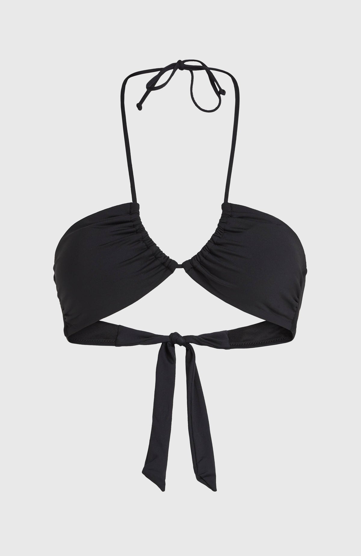 Embry Bikini-Oberteil für Damen, schwarz, freigestellt von vorne mit Bindebändern
