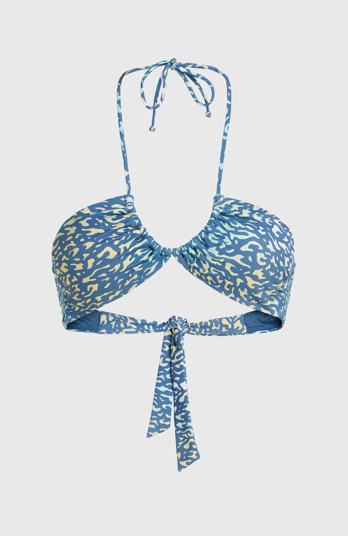 Embry Bikini-Oberteil für Damen, gelb mit Tiermuster in Blau, freigestellt von vorne mit Nacken- und Rückenbändern