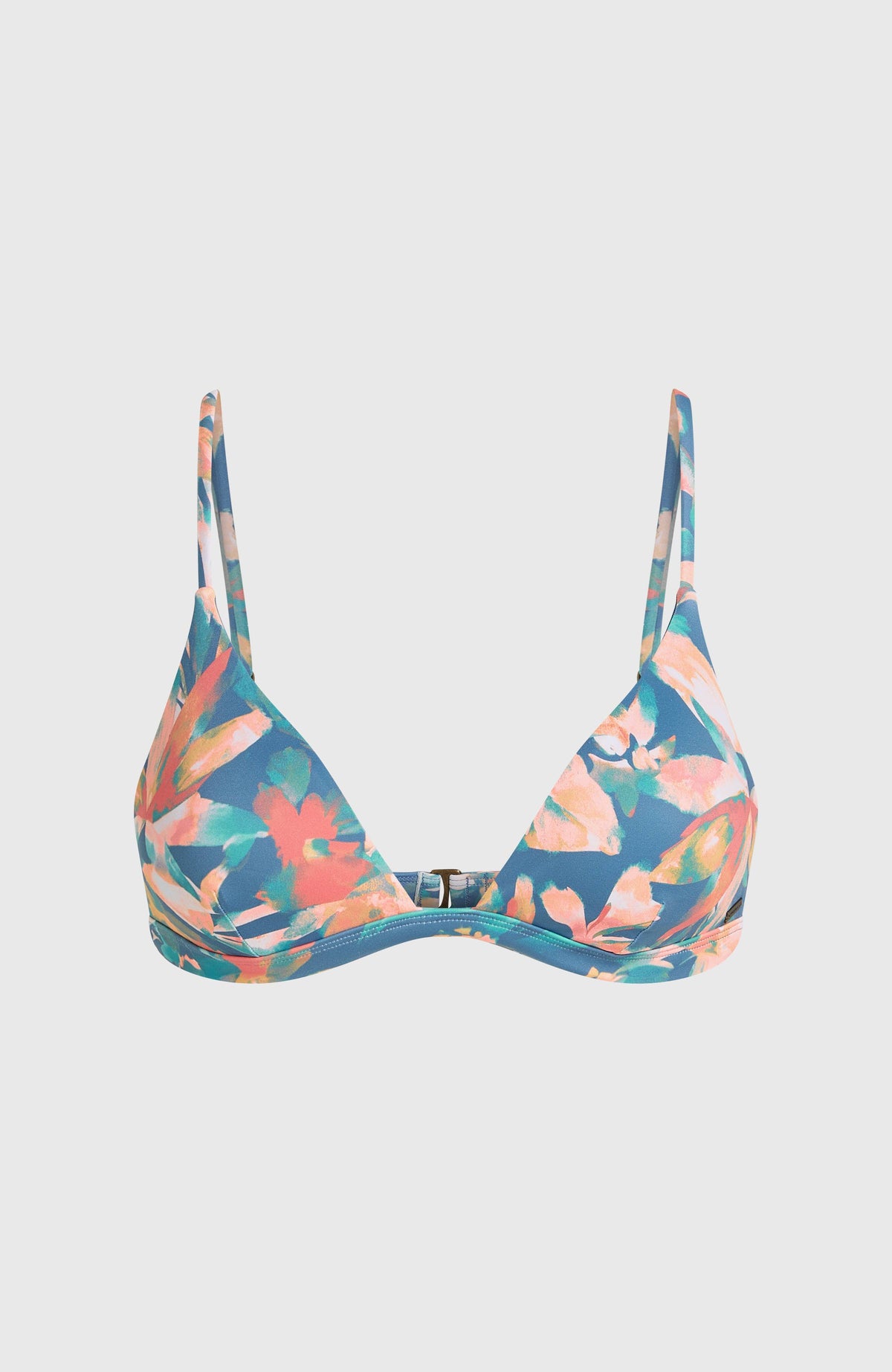Seaside Tri Bikini-Oberteil für Damen, blau mit Blumenmuster in Rosa und Grün, freigestellt von vorne