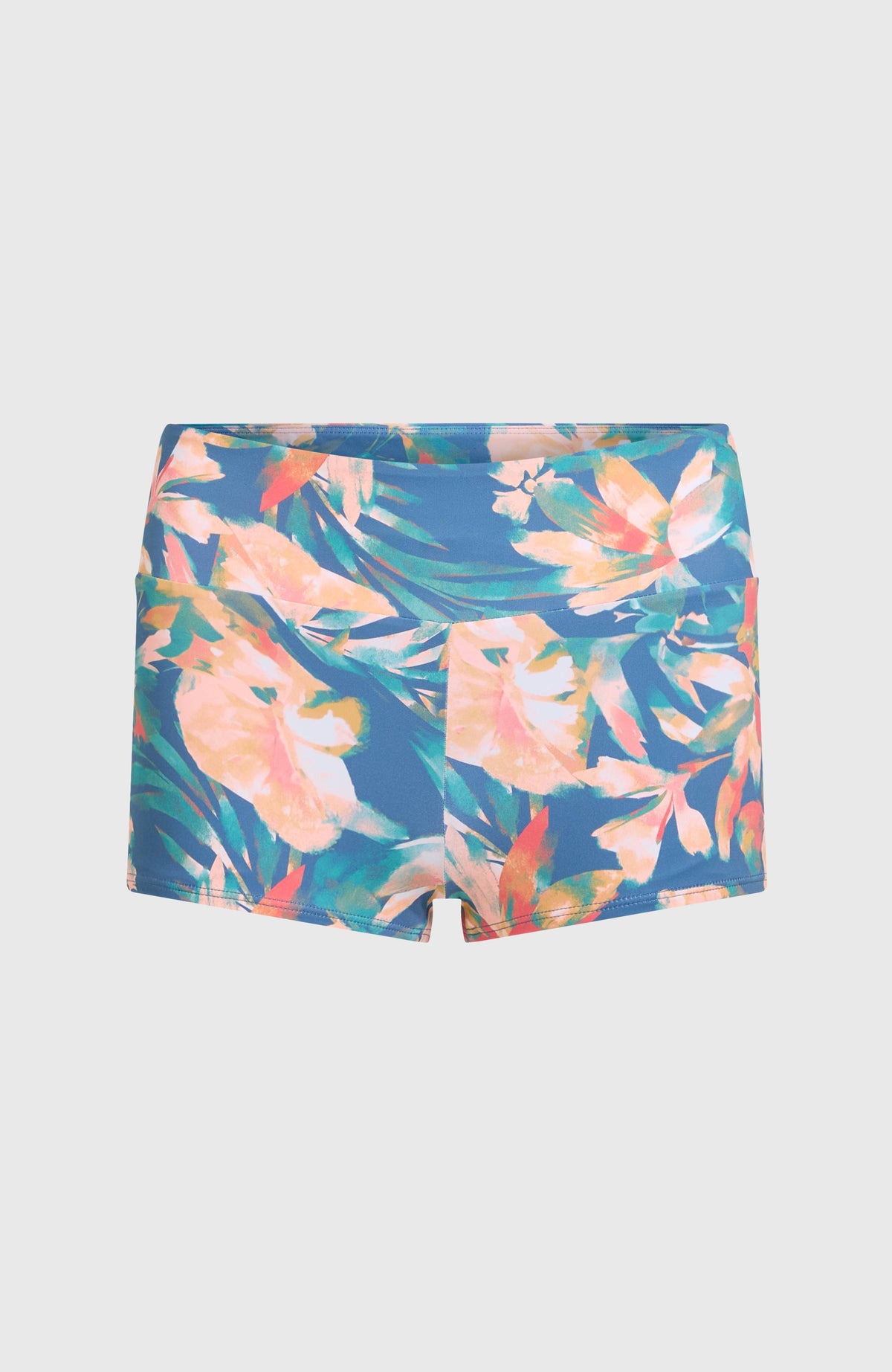 Grenada Bikinihose für Damen, blau mit Blumenmuster in Rosa und Grün, flach liegend von vorne mit breitem Bund