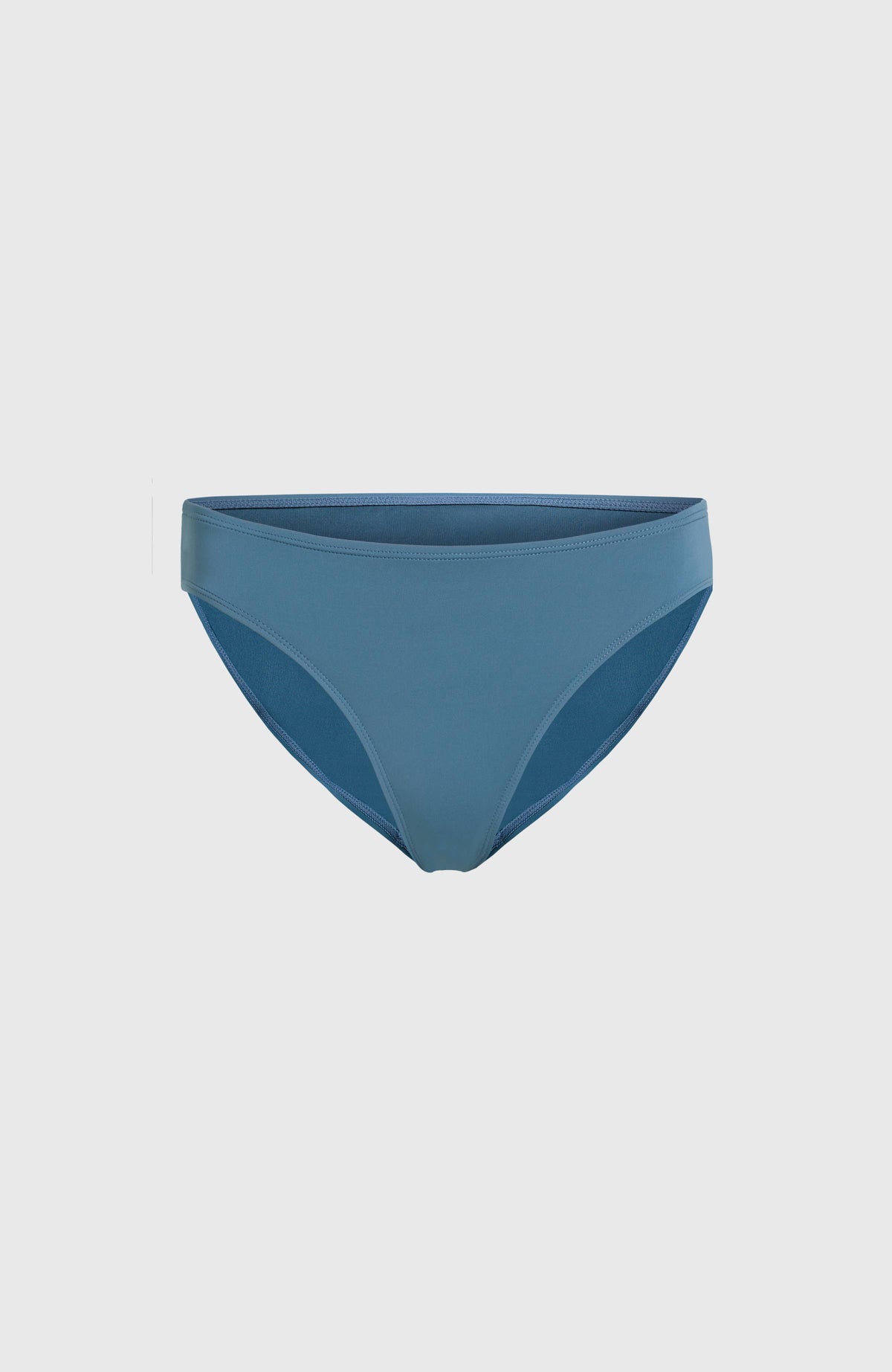 Blaue Rita Bikinihose für Damen, freigestellt von vorne mit elastischem Bund und sauber gesäumten Kanten