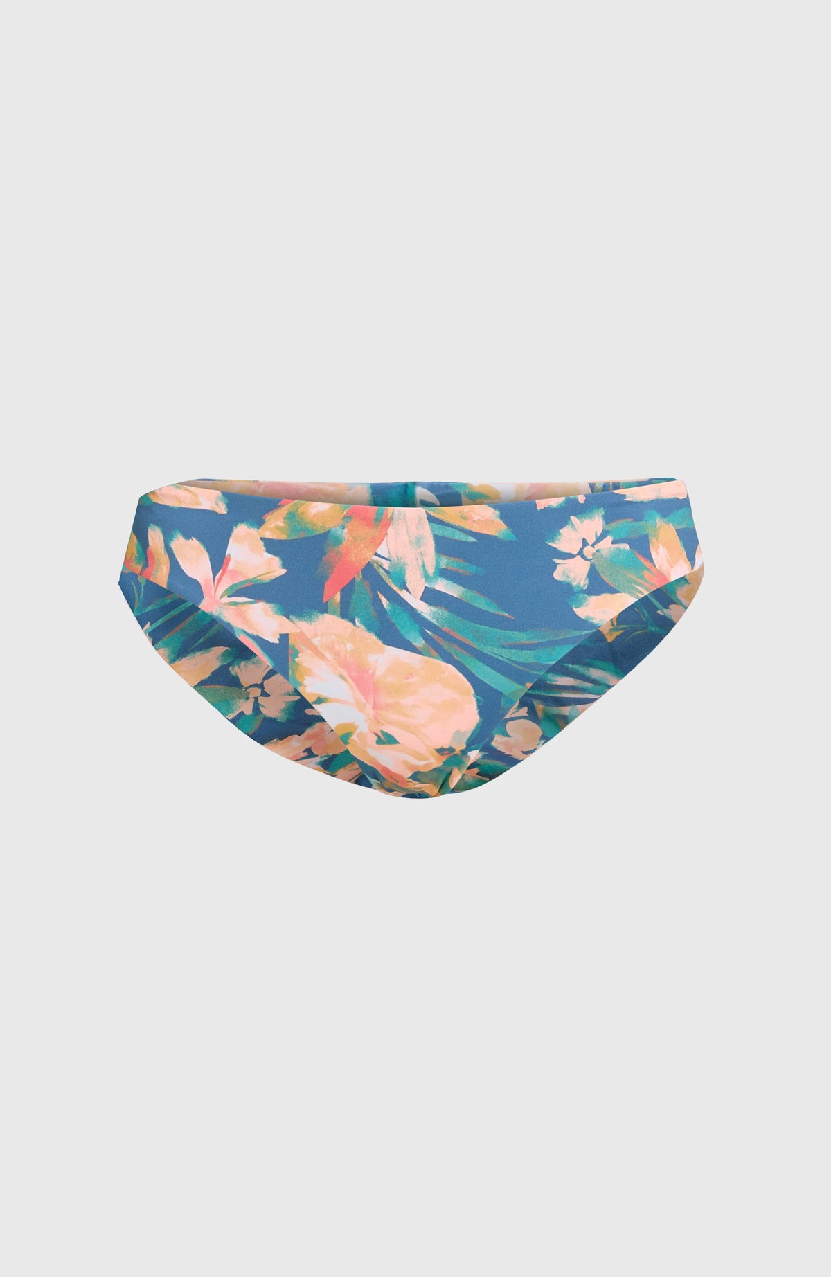 Maoi Bikinihose für Damen, blau mit Blumenmuster in Rosa und Grün, freigestellt von vorne